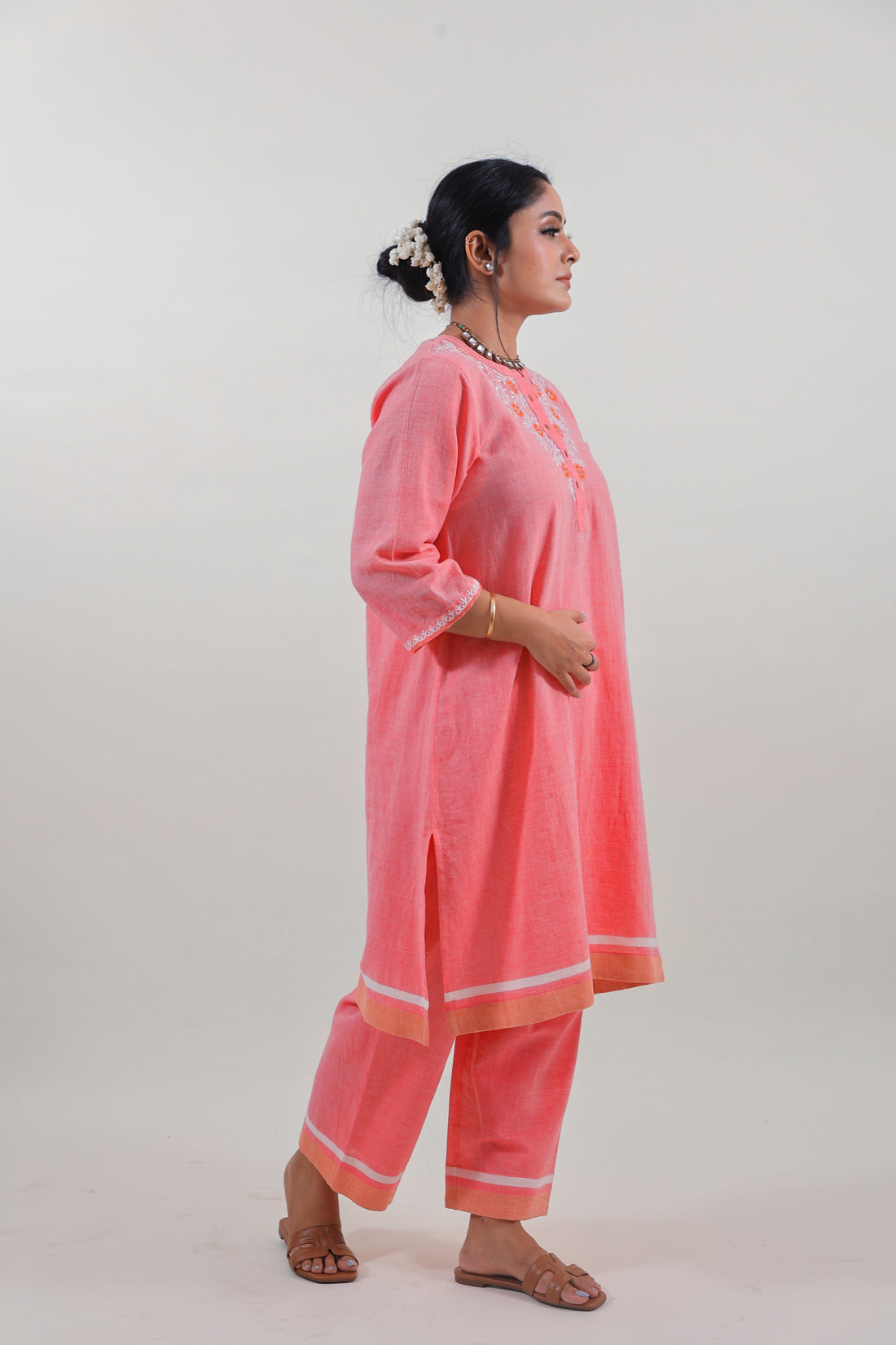 Coral Pink Chikankari Mandarin Collar Kurta Set