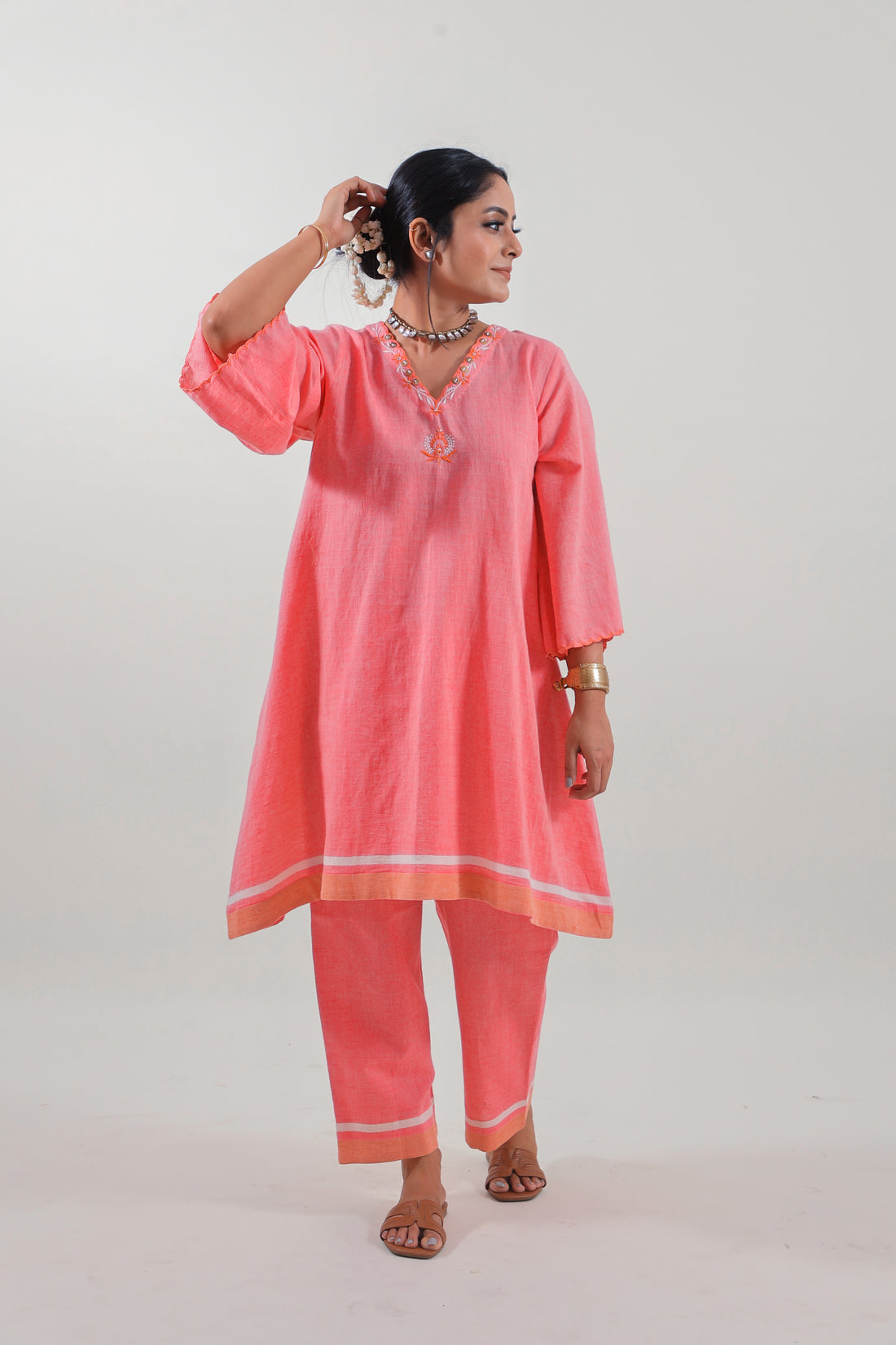 Coral Pink Chikankari V-neck kurta set