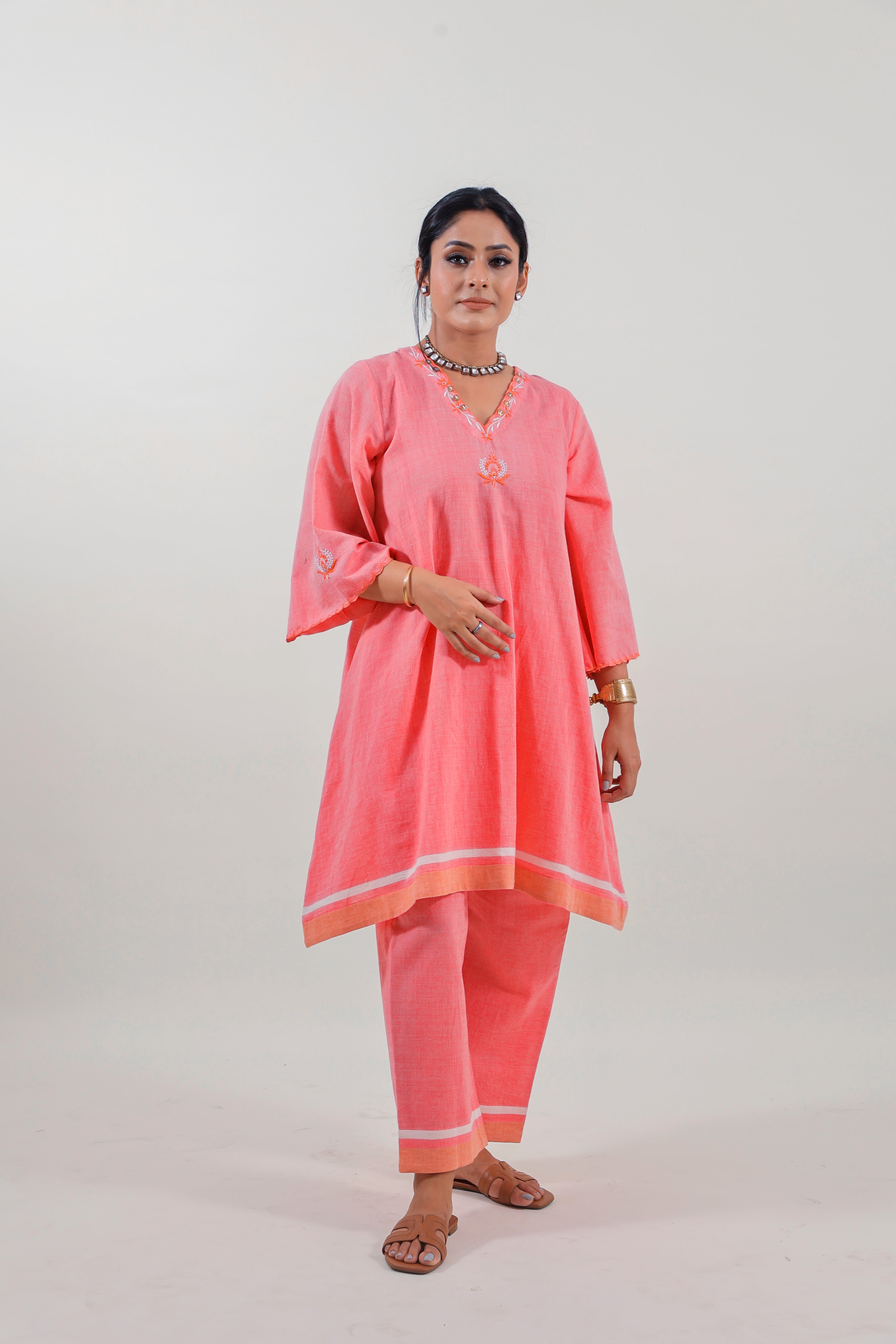 Coral Pink Chikankari V-neck kurta set