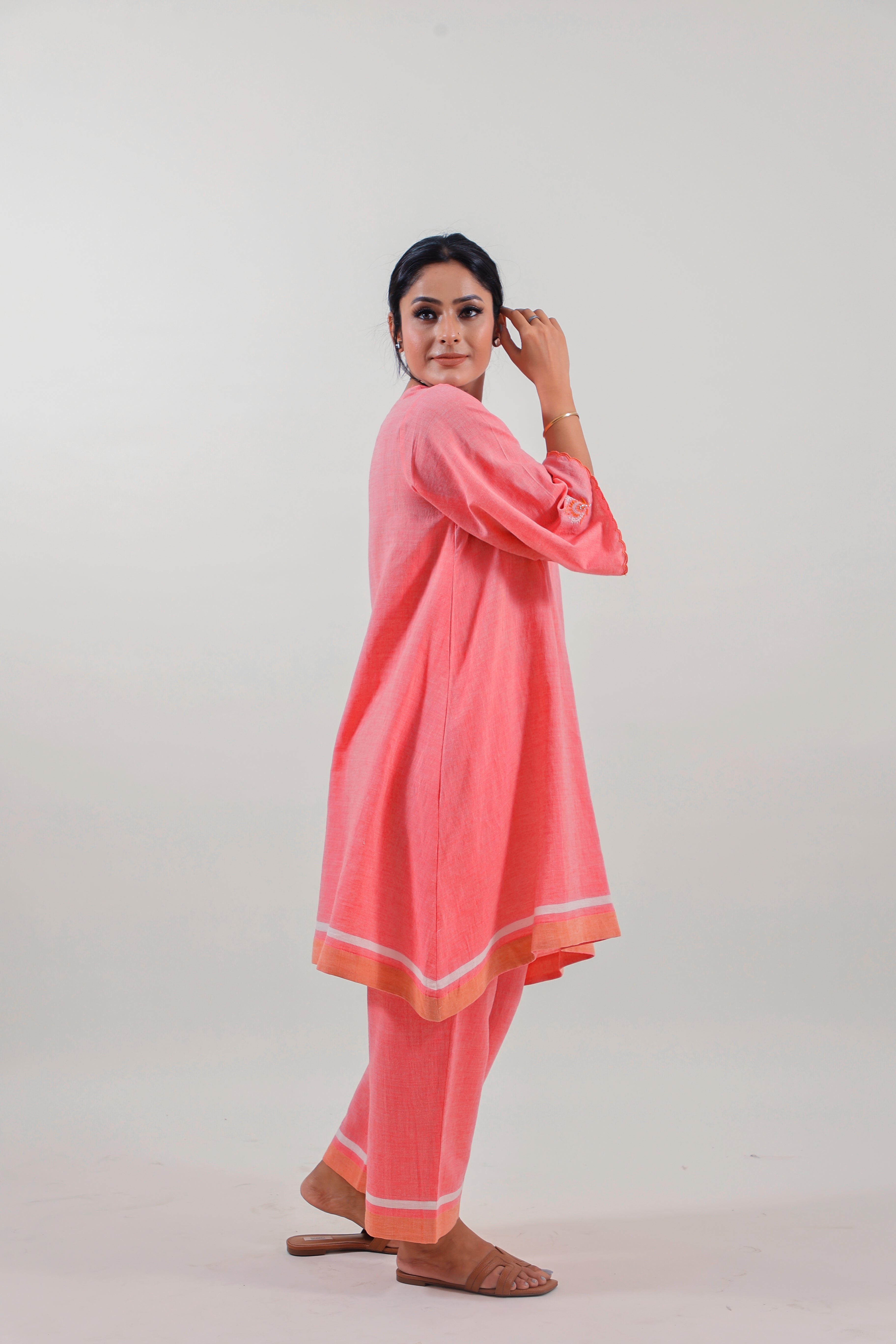 Coral Pink Chikankari V-neck kurta set