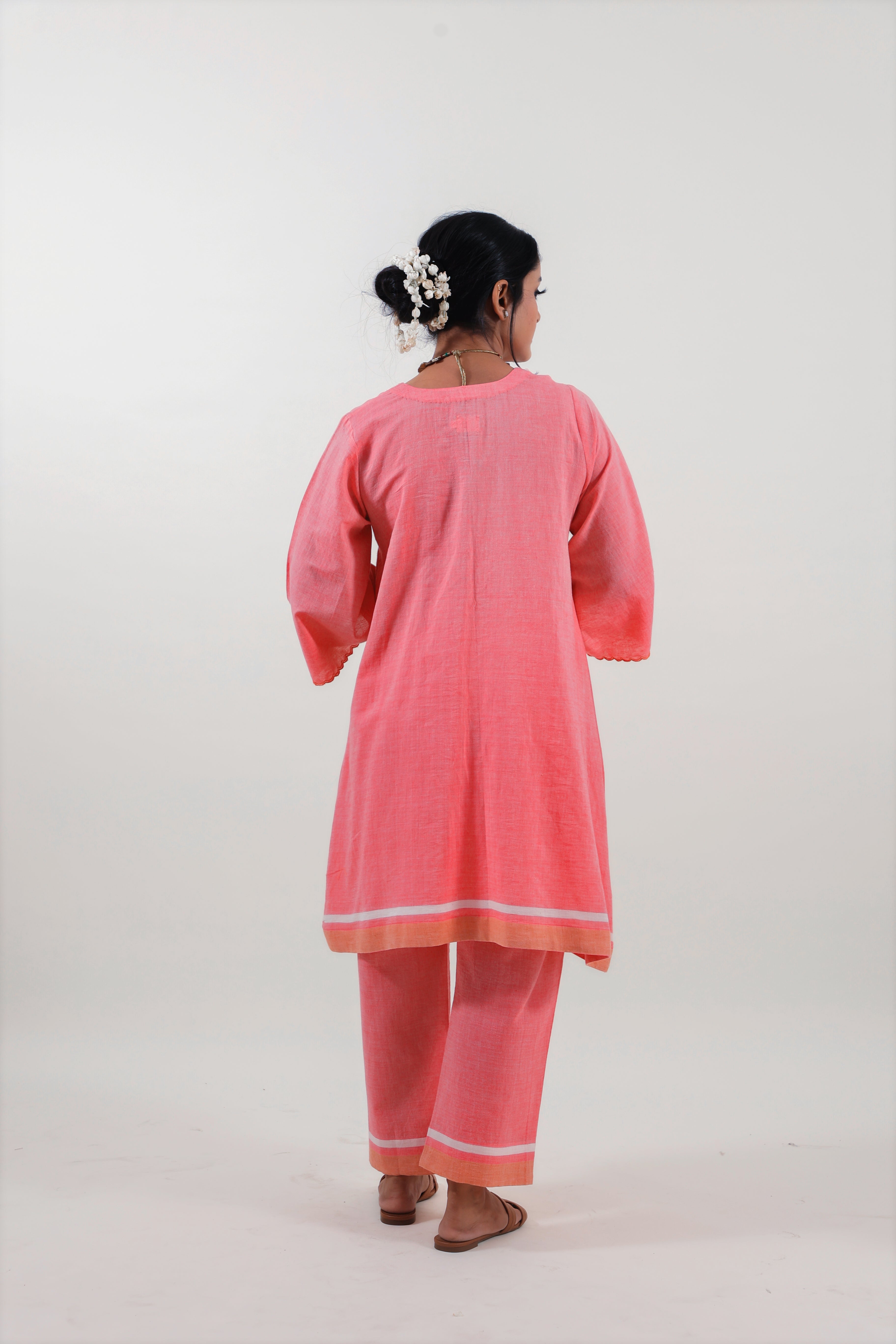 Coral Pink Chikankari V-neck kurta set