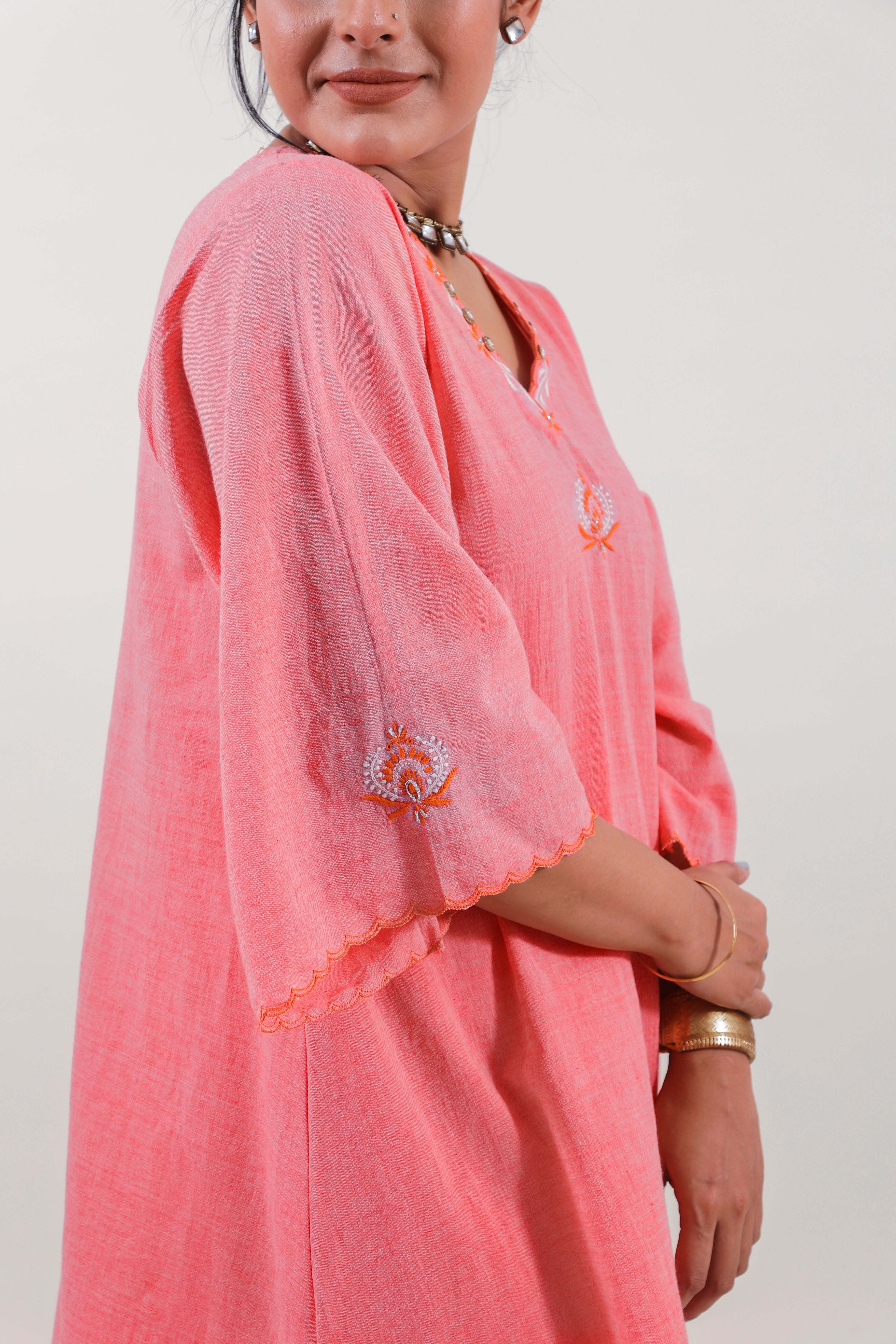 Coral Pink Chikankari V-neck kurta set