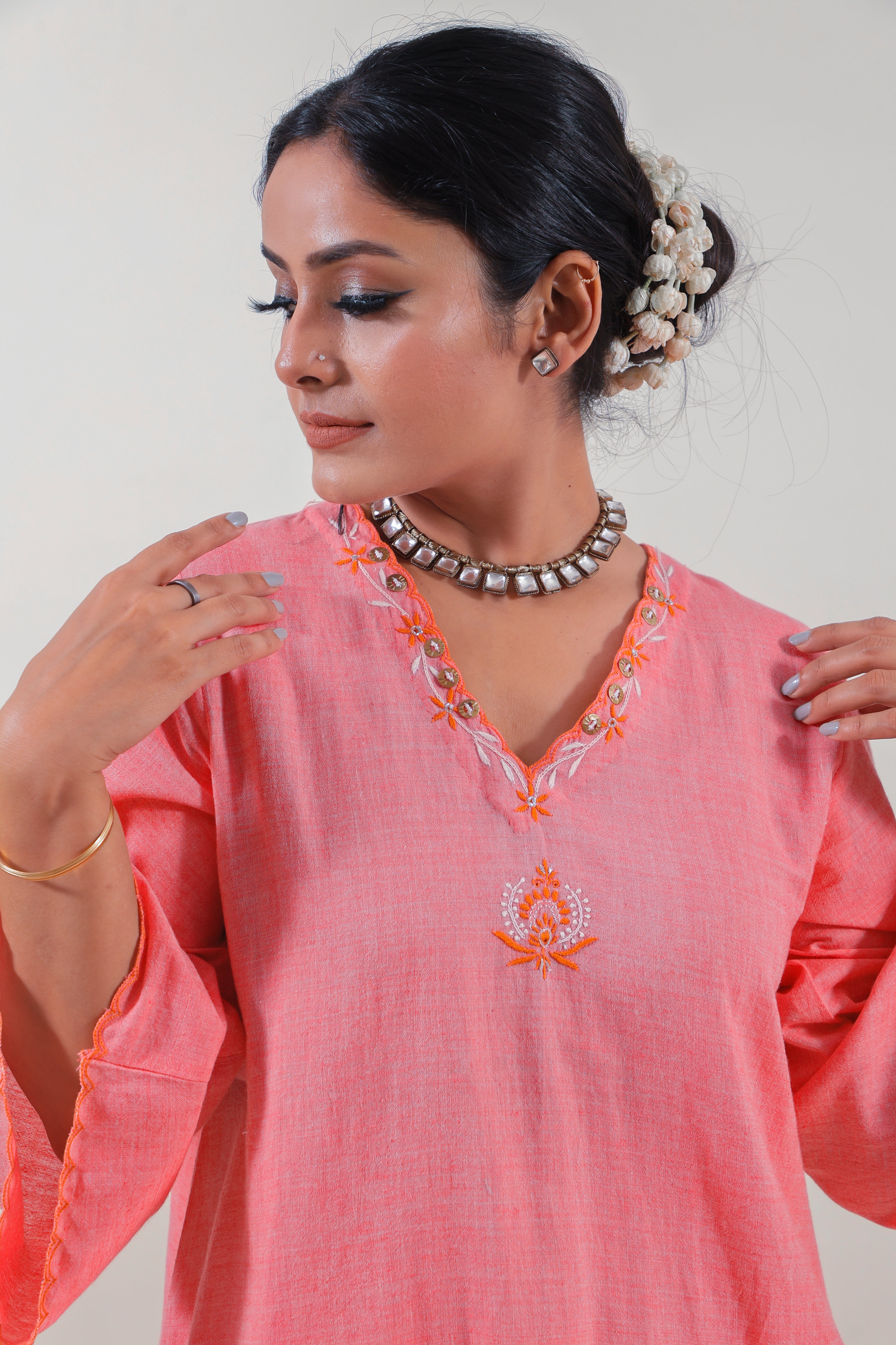 Coral Pink Chikankari V-neck kurta set