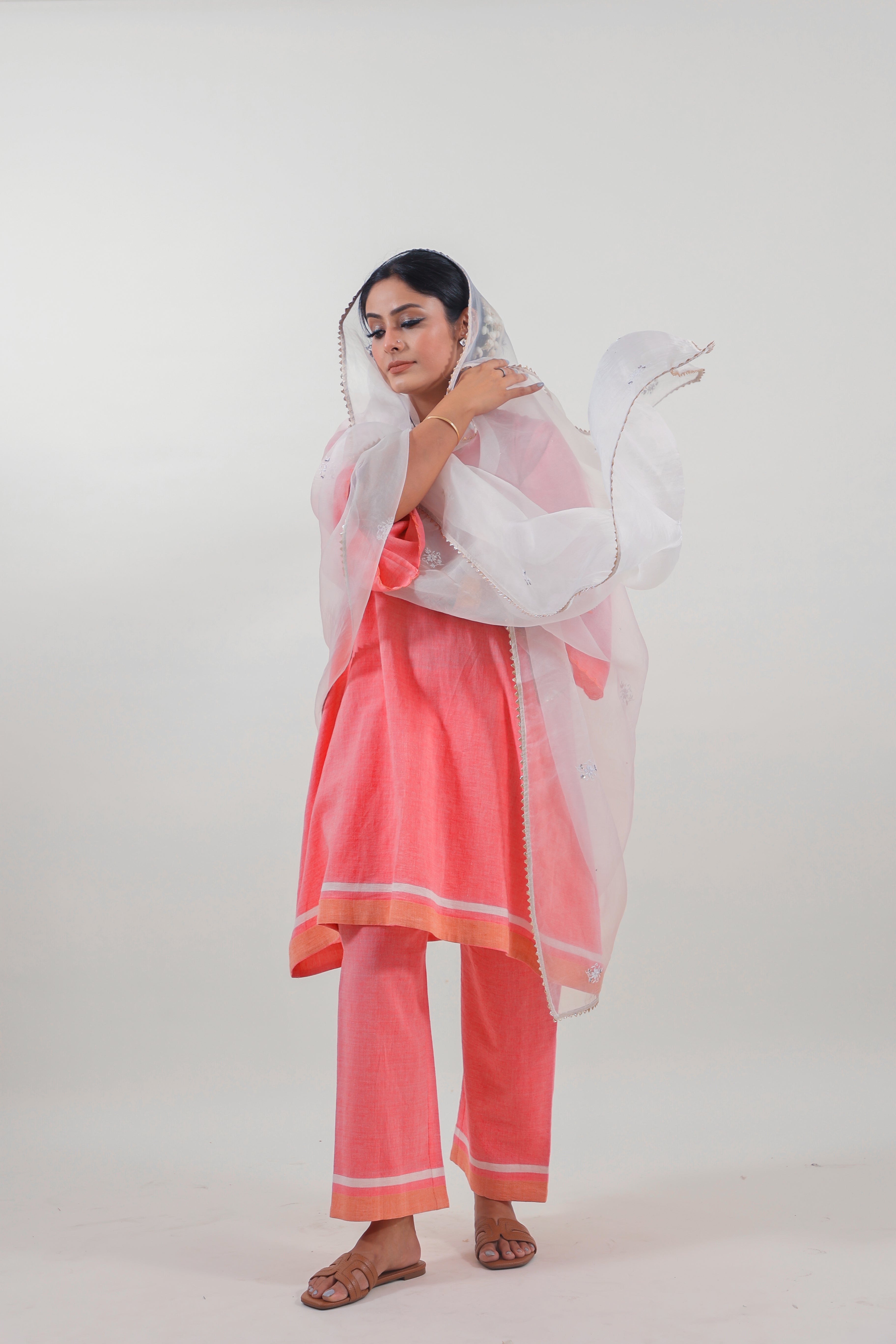 Coral Pink Chikankari V-neck kurta set
