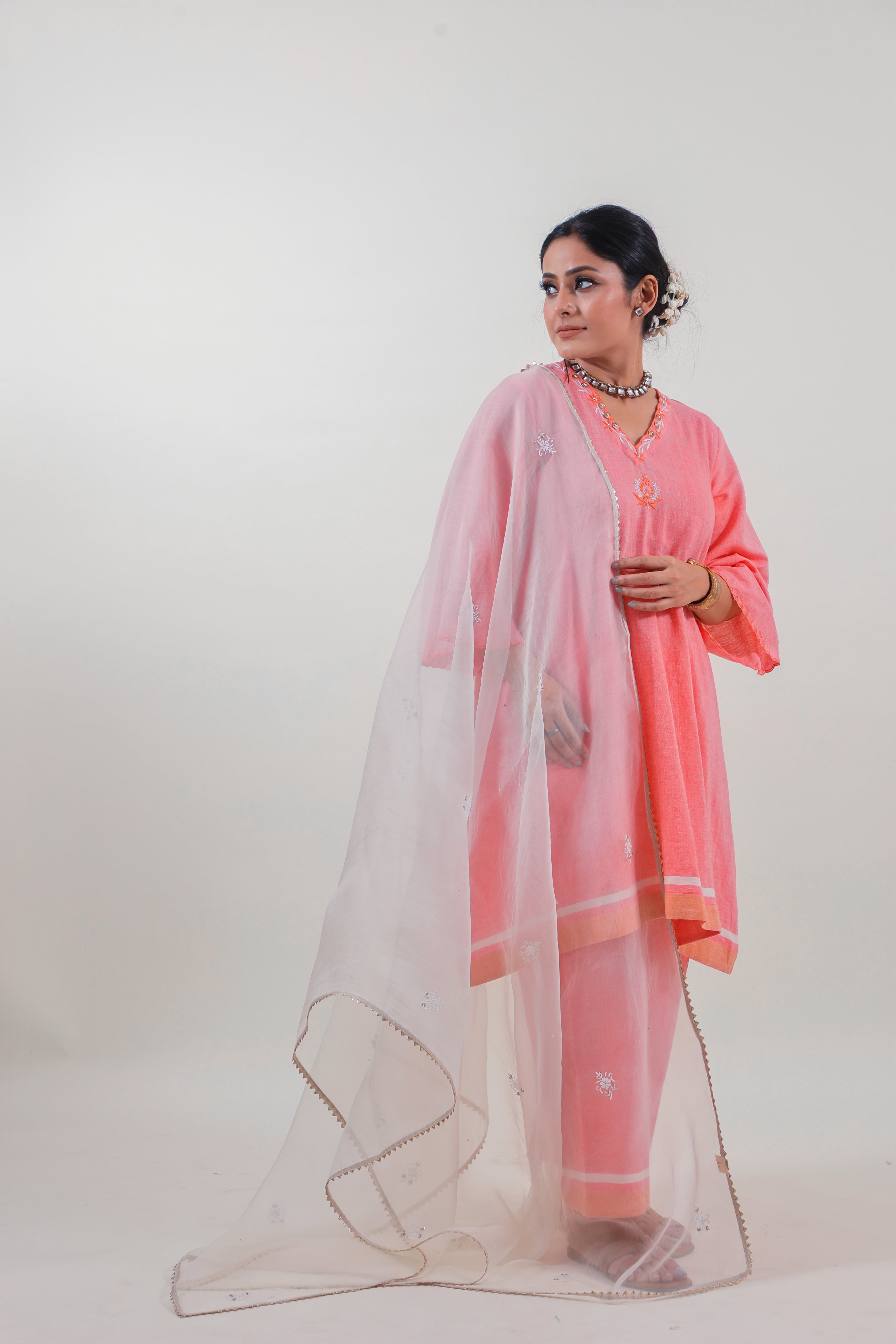 Coral Pink Chikankari V-neck kurta set
