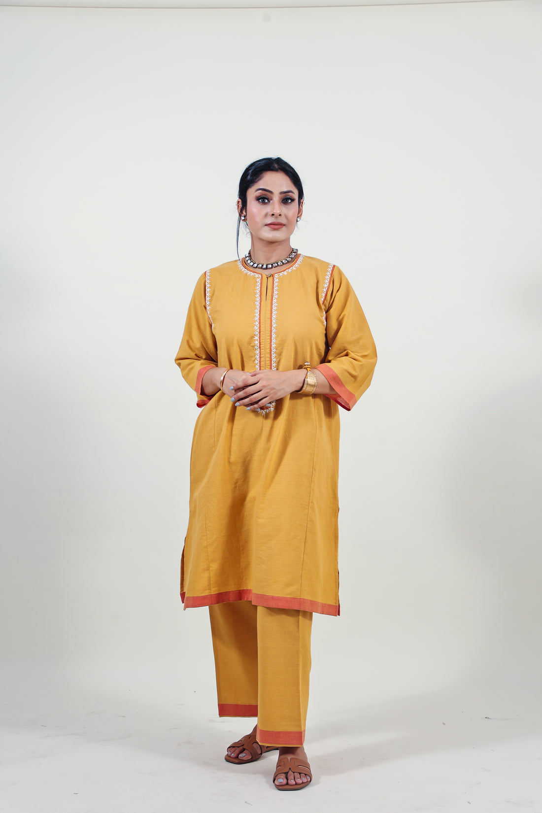 Mustard chikankari choga kurta set