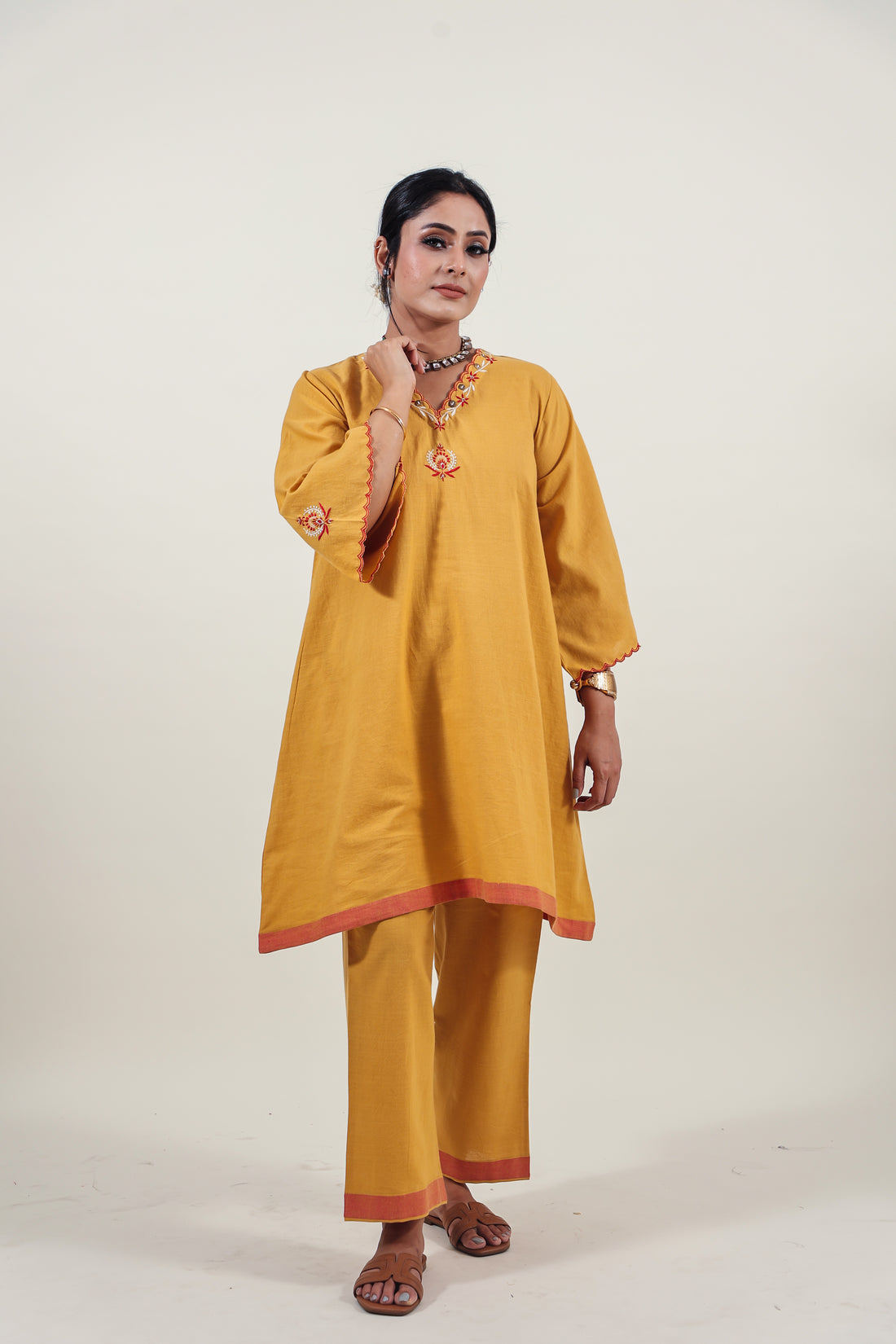 Mustard Chikankari V-neck kurta set