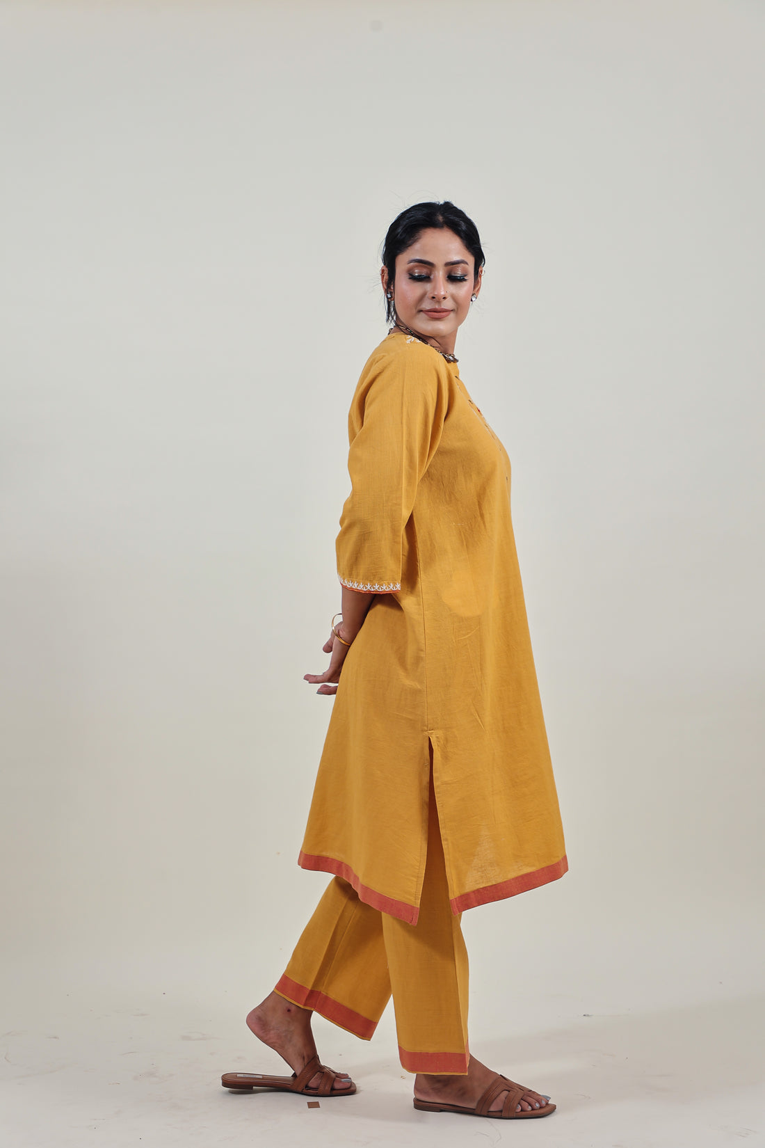 Mustard Chikankari Mandarin Collar Kurta Set