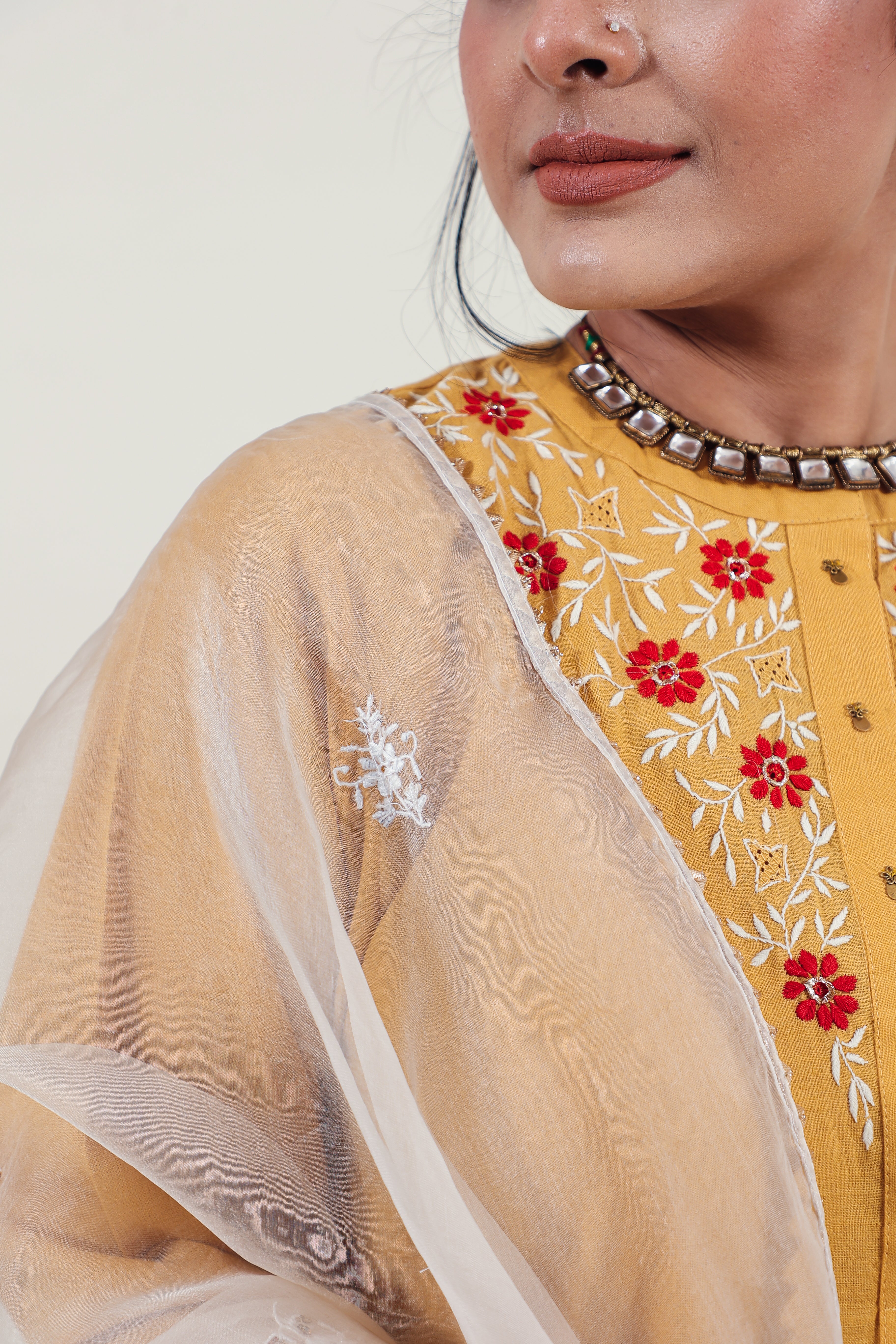 Mustard Chikankari Mandarin Collar Kurta Set