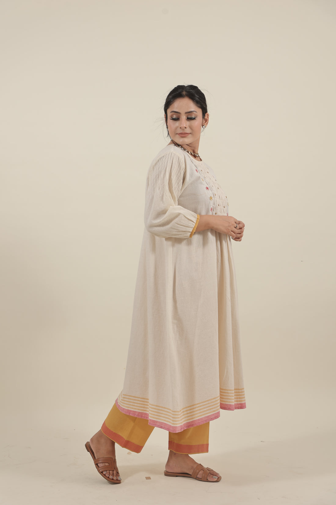 Ivory Chikankari with smocking long kurta set