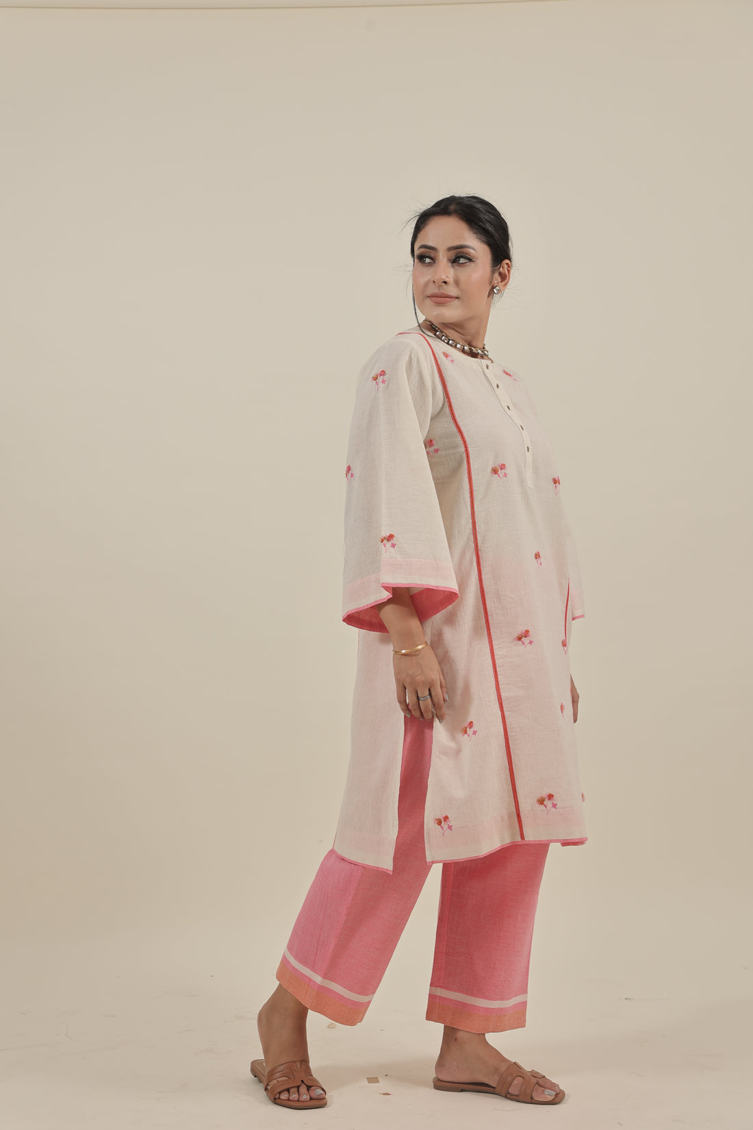 Ivory Hand embroidered orange pink floral kurta set