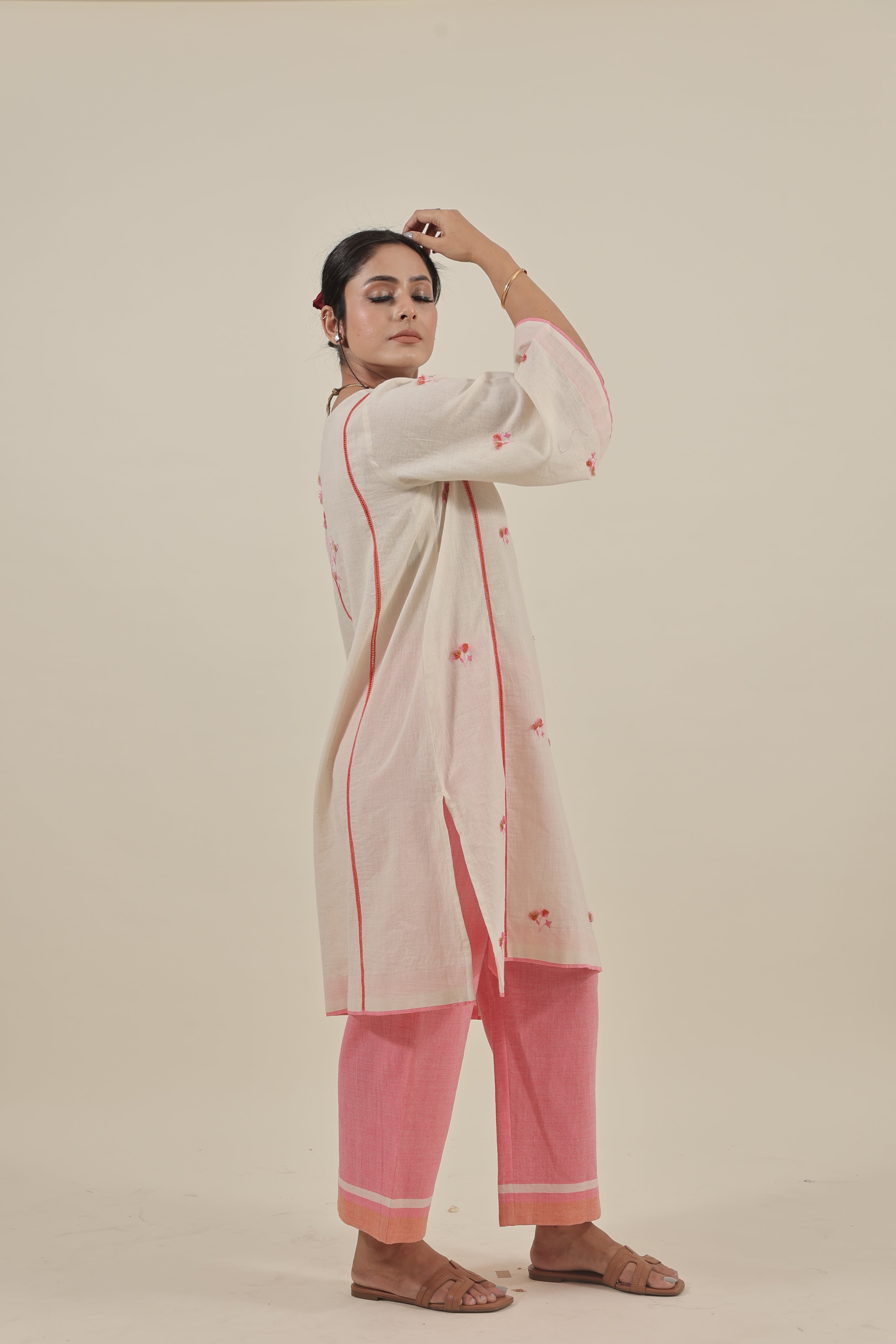 Ivory Hand embroidered orange pink floral kurta set