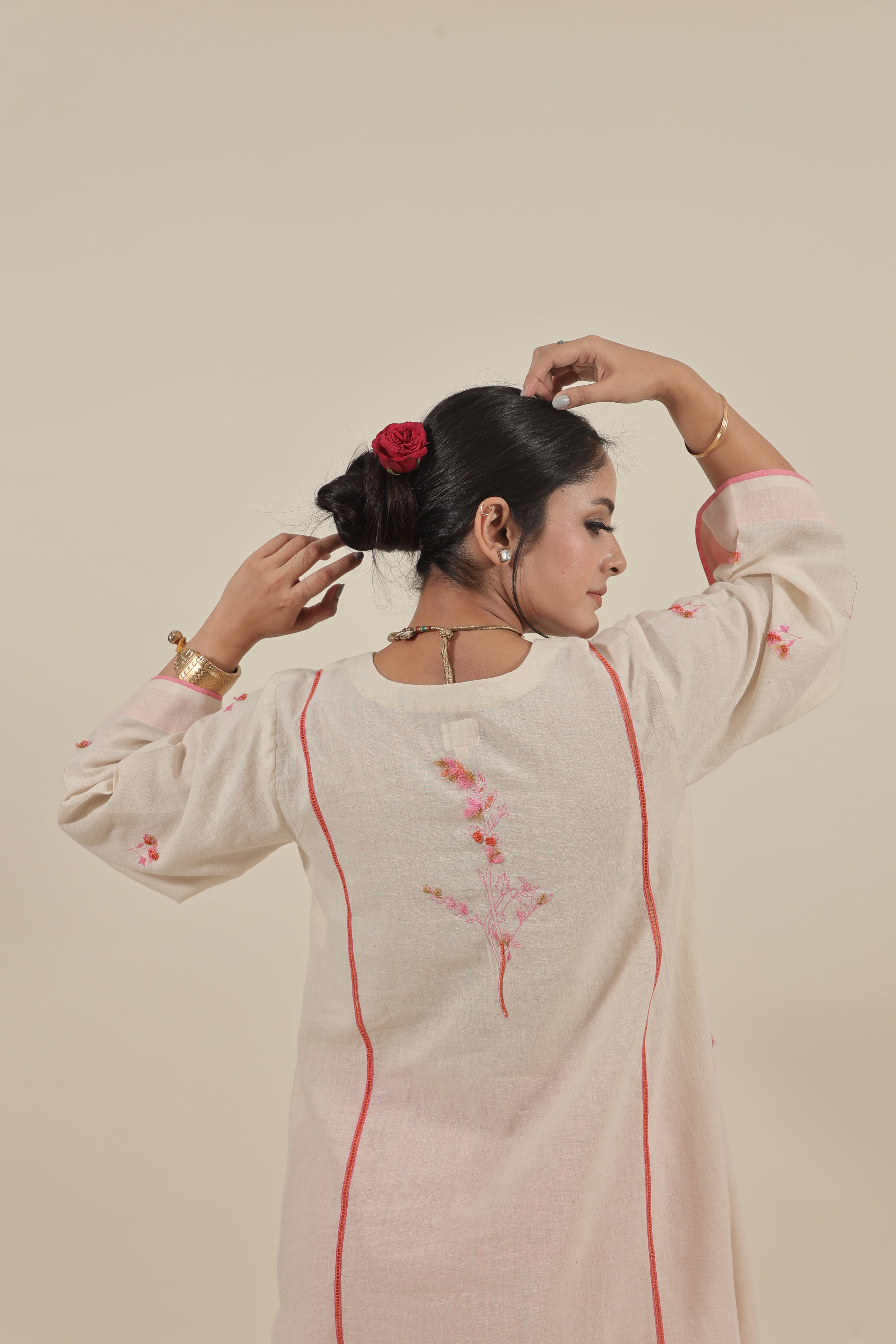 Ivory Hand embroidered orange pink floral kurta set