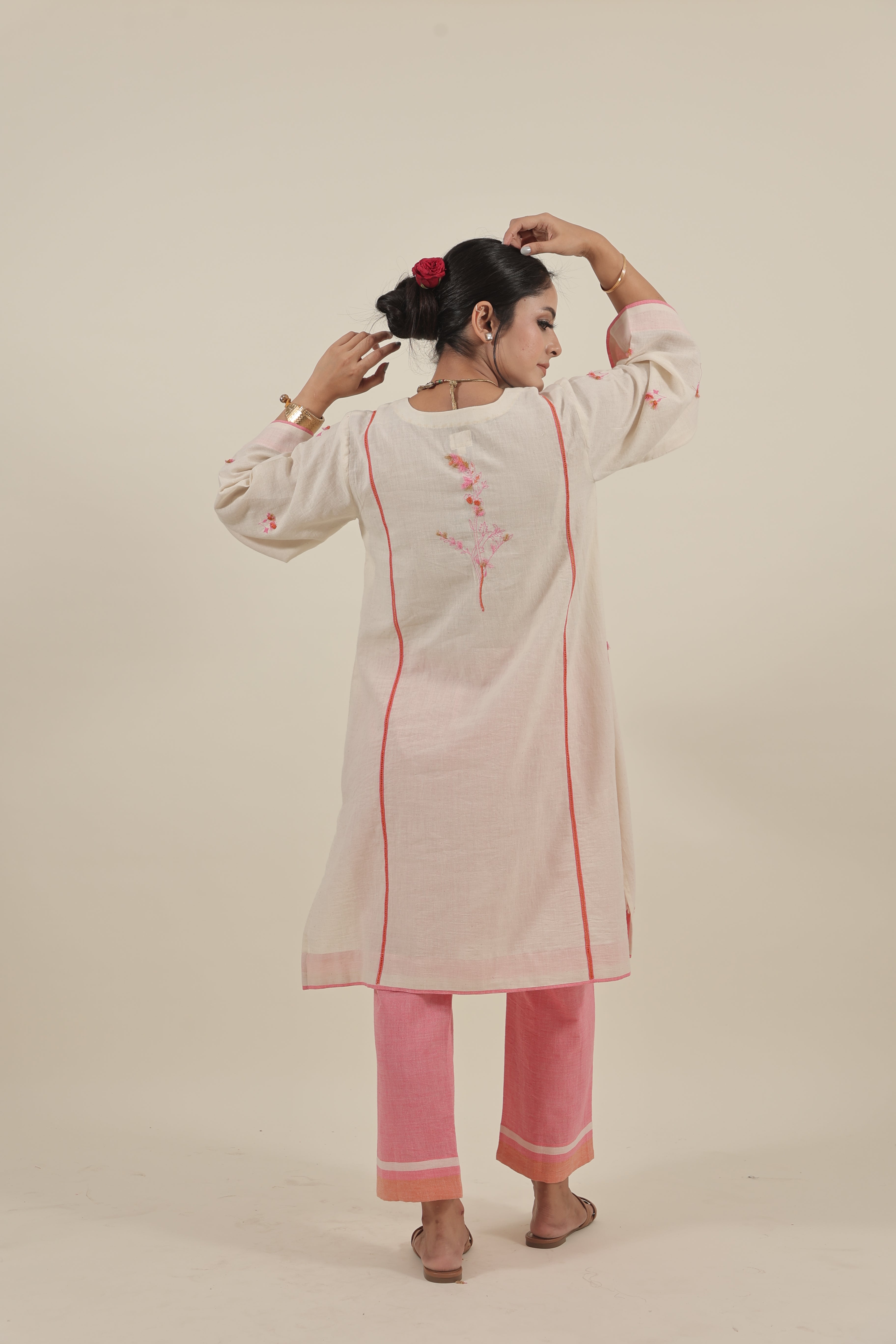 Ivory Hand embroidered orange pink floral kurta set