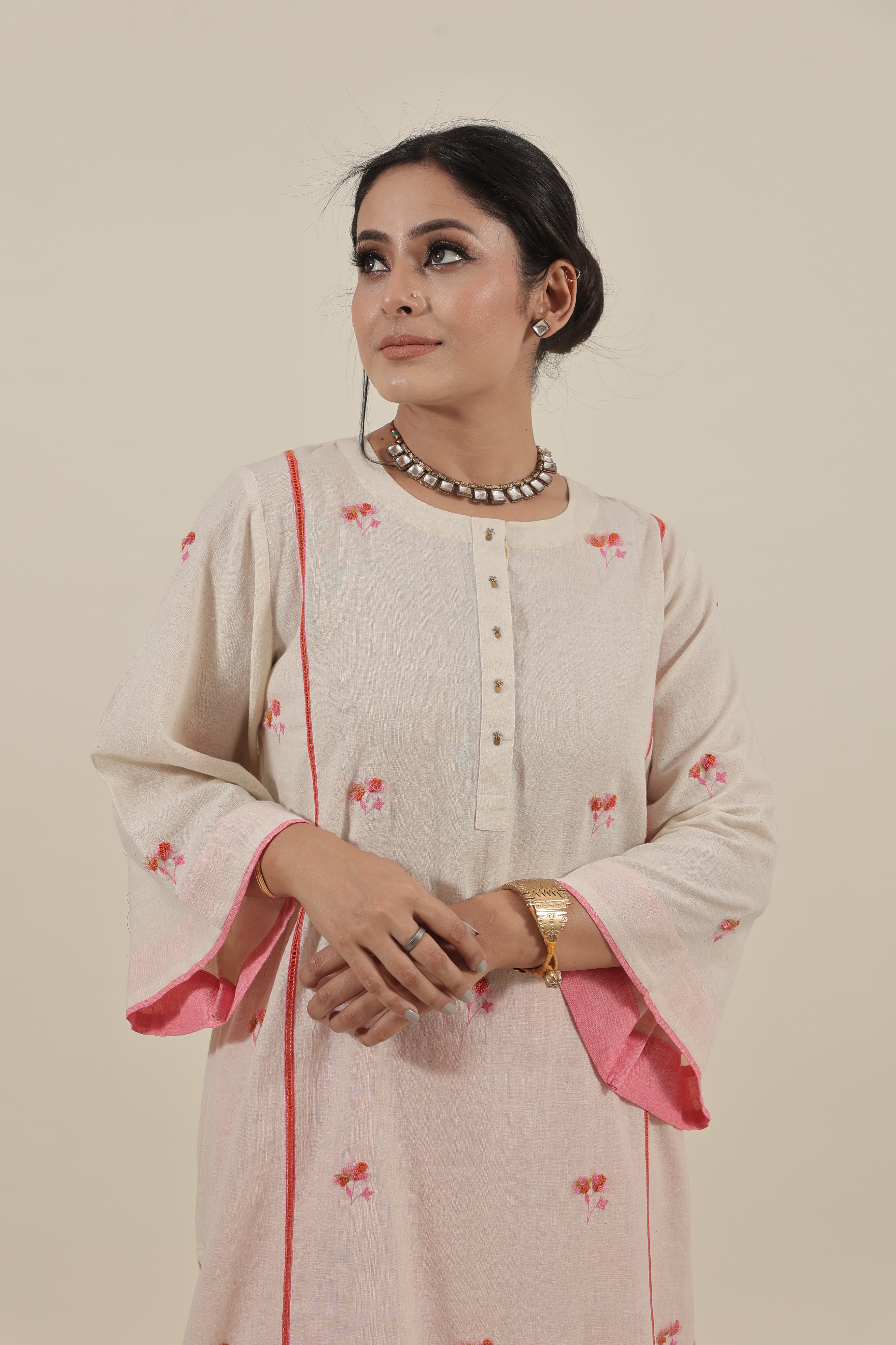 Ivory Hand embroidered orange pink floral kurta set