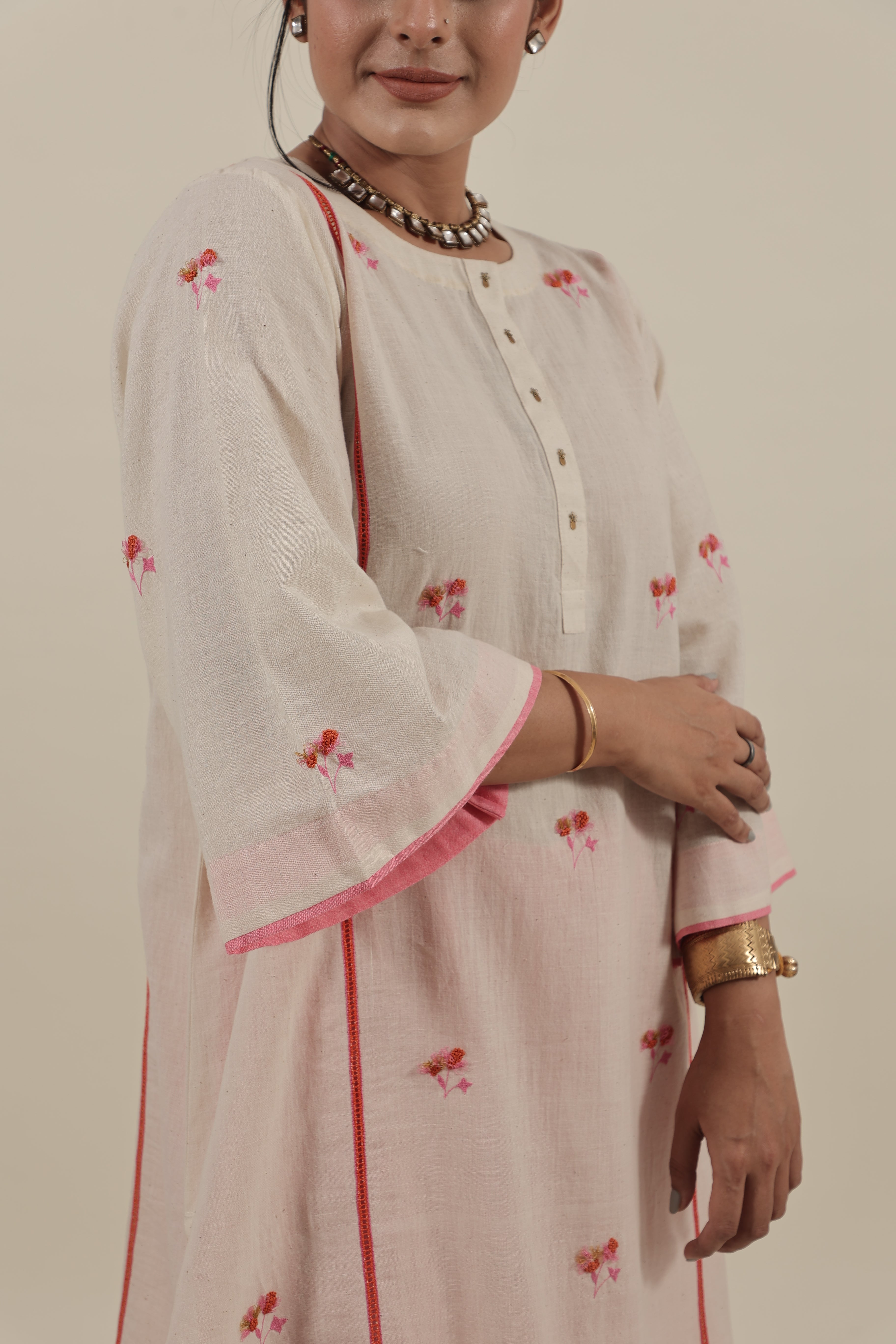 Ivory Hand embroidered orange pink floral kurta set