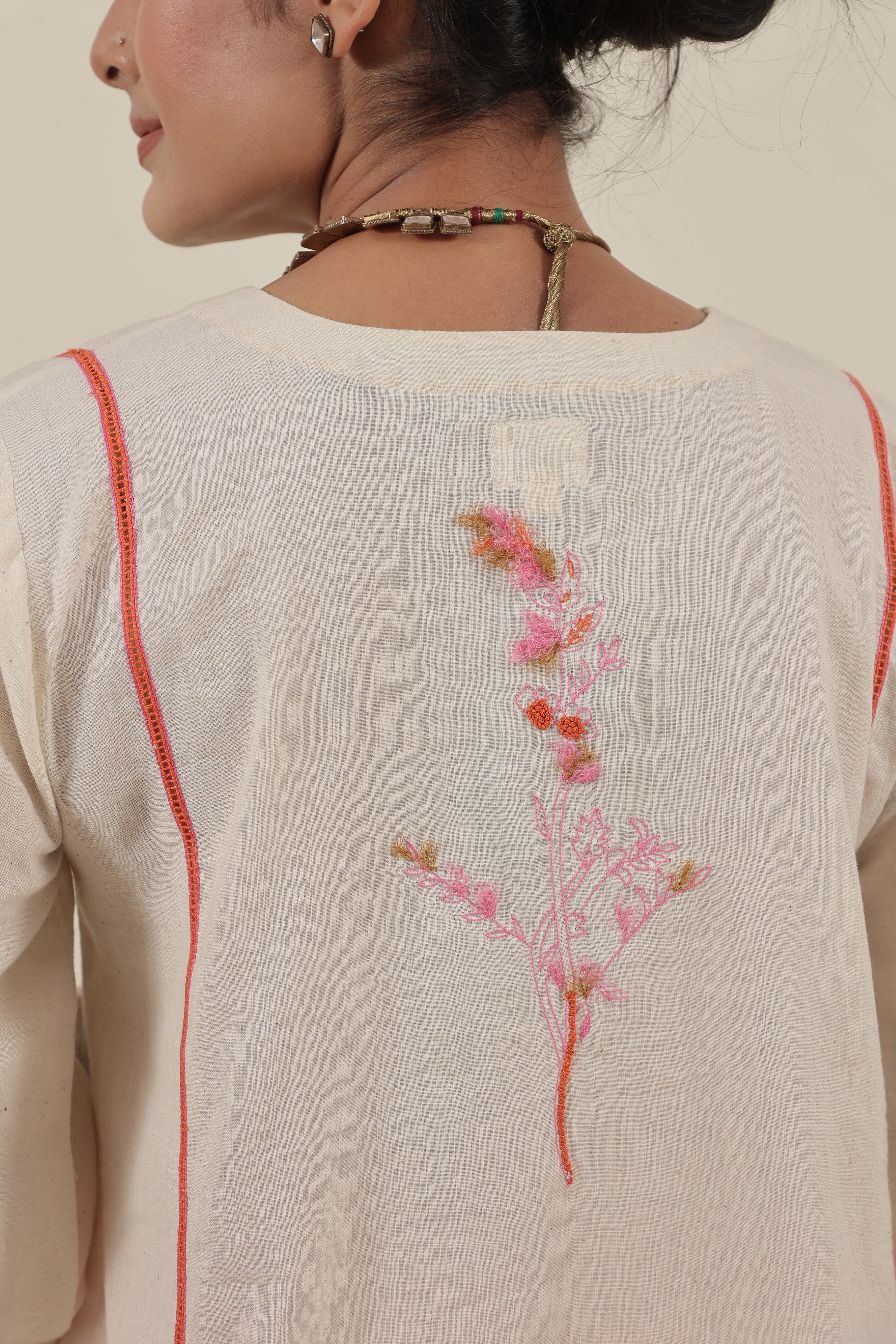 Ivory Hand embroidered orange pink floral kurta set