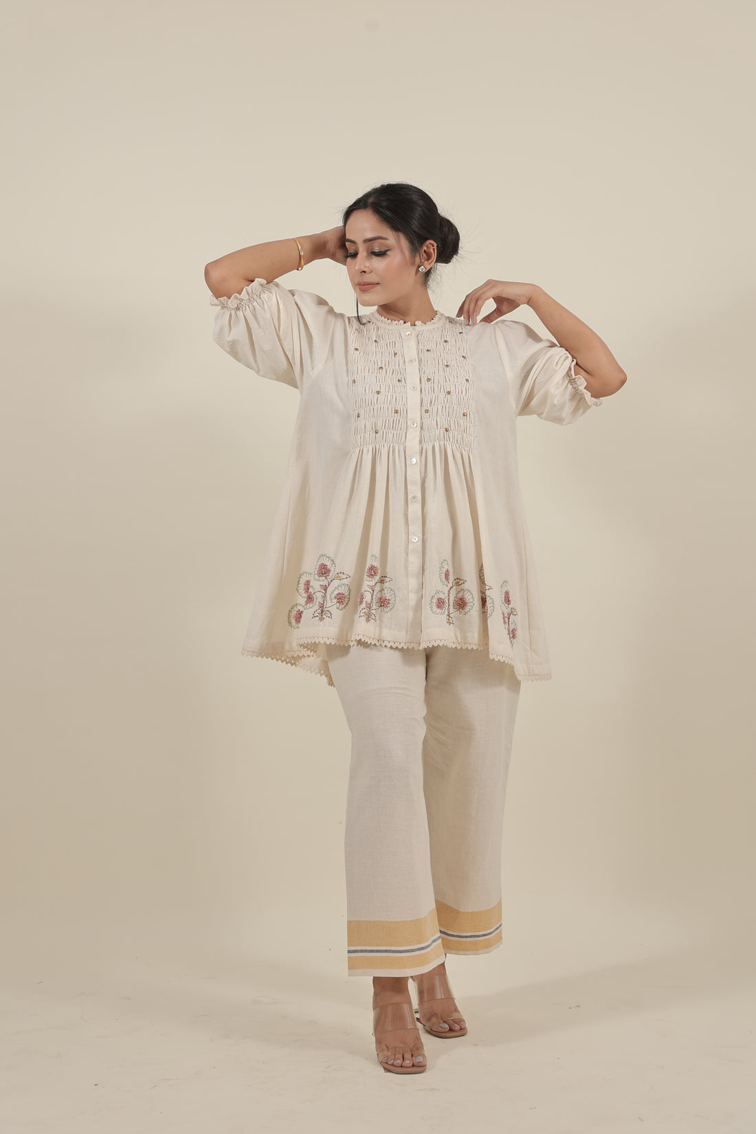 Ivory Hand embroidered with smocking short kurta set