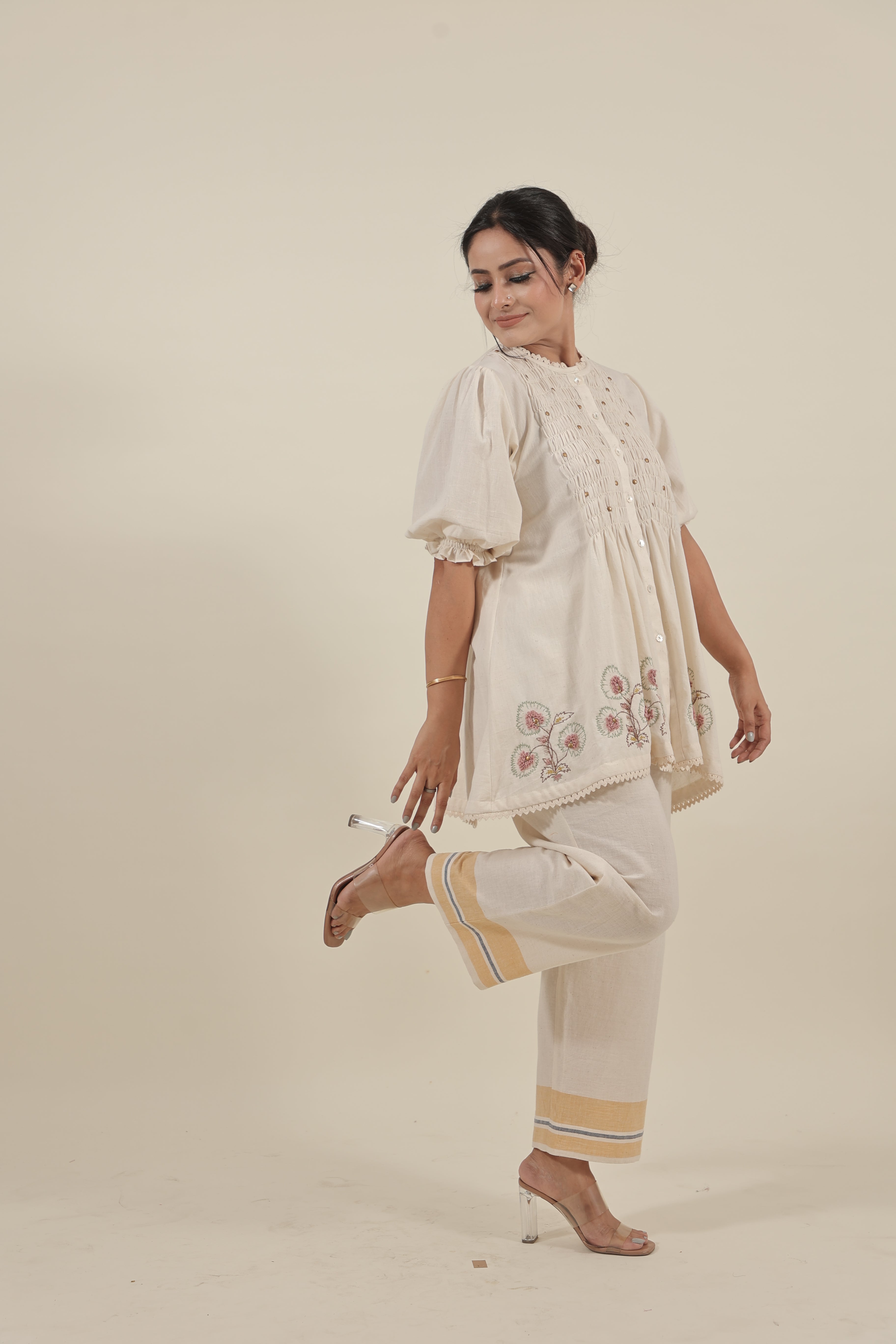 Ivory Hand embroidered with smocking short kurta set