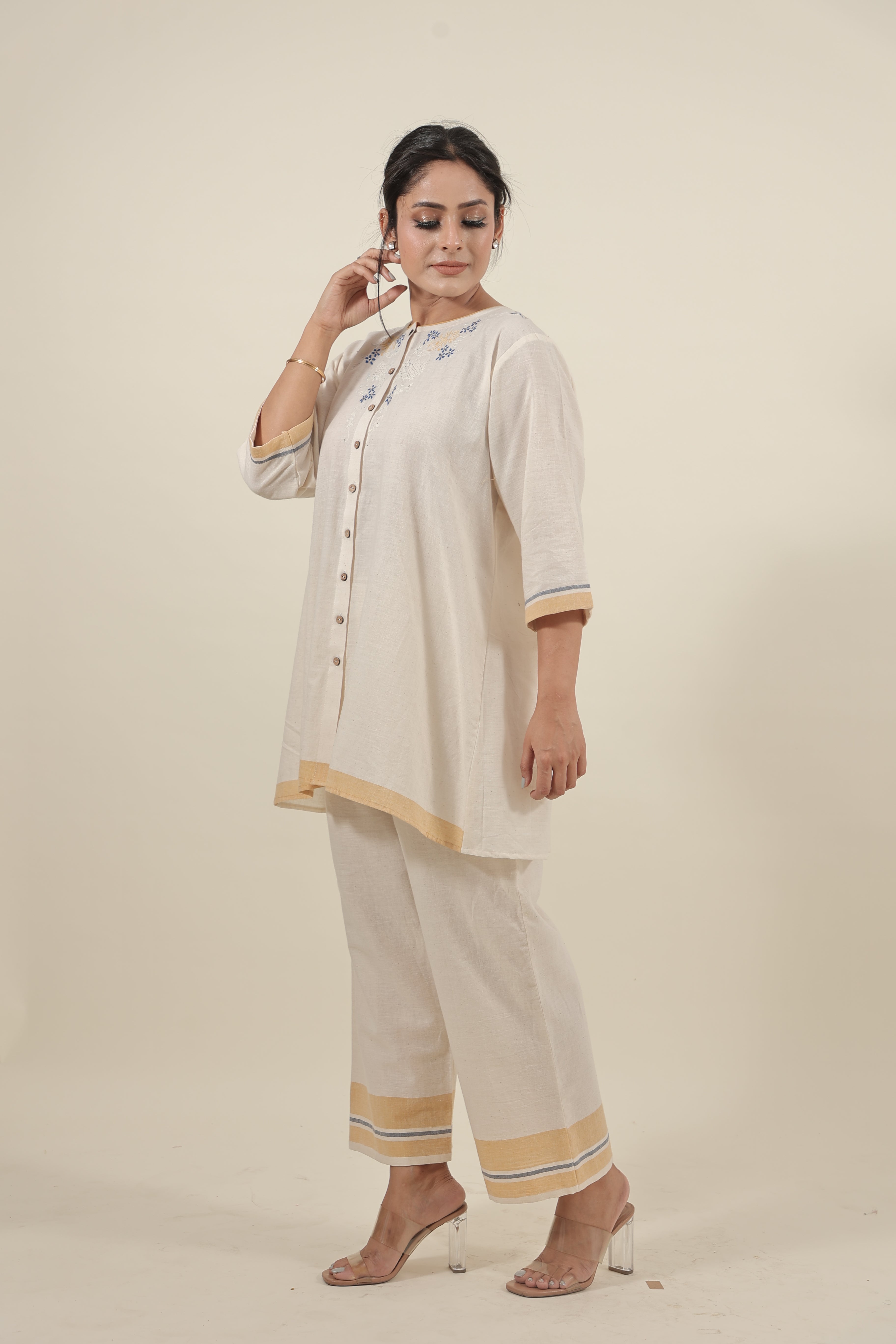 Ivory Chikankari with blue flowers kurta set