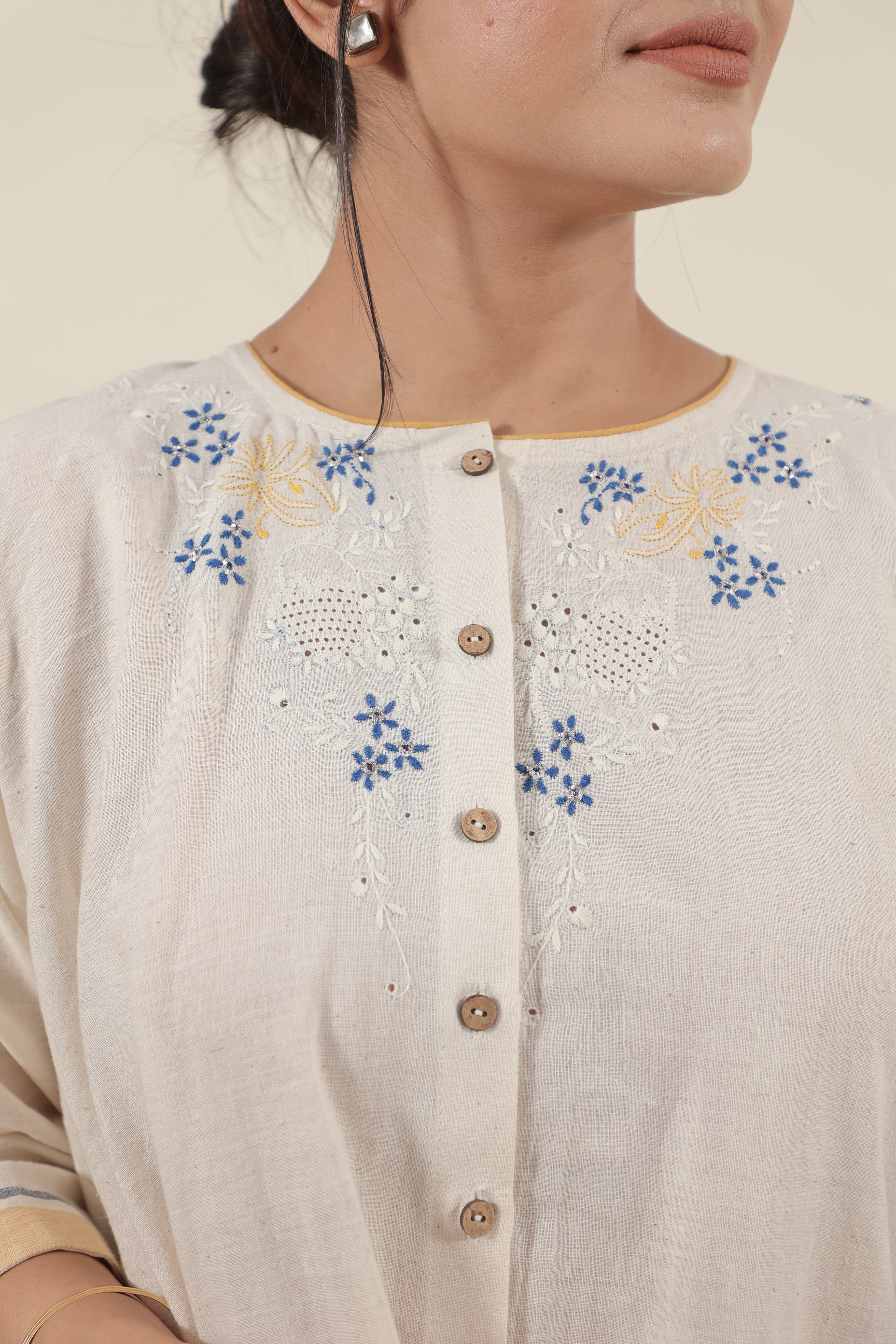 Ivory Chikankari with blue flowers kurta set