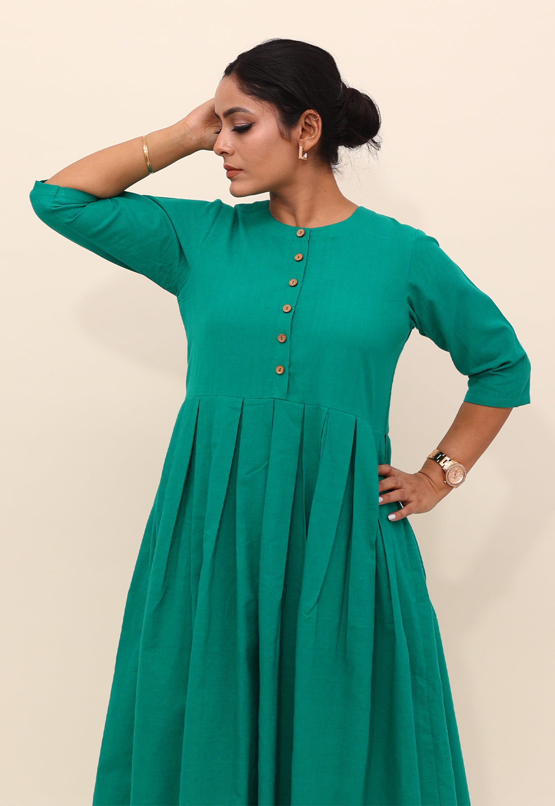 Solid Green Box-Pleated Dresses