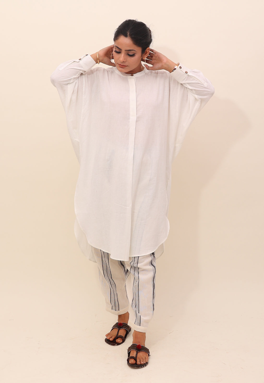 White Black Striped Box Pleated Bottom