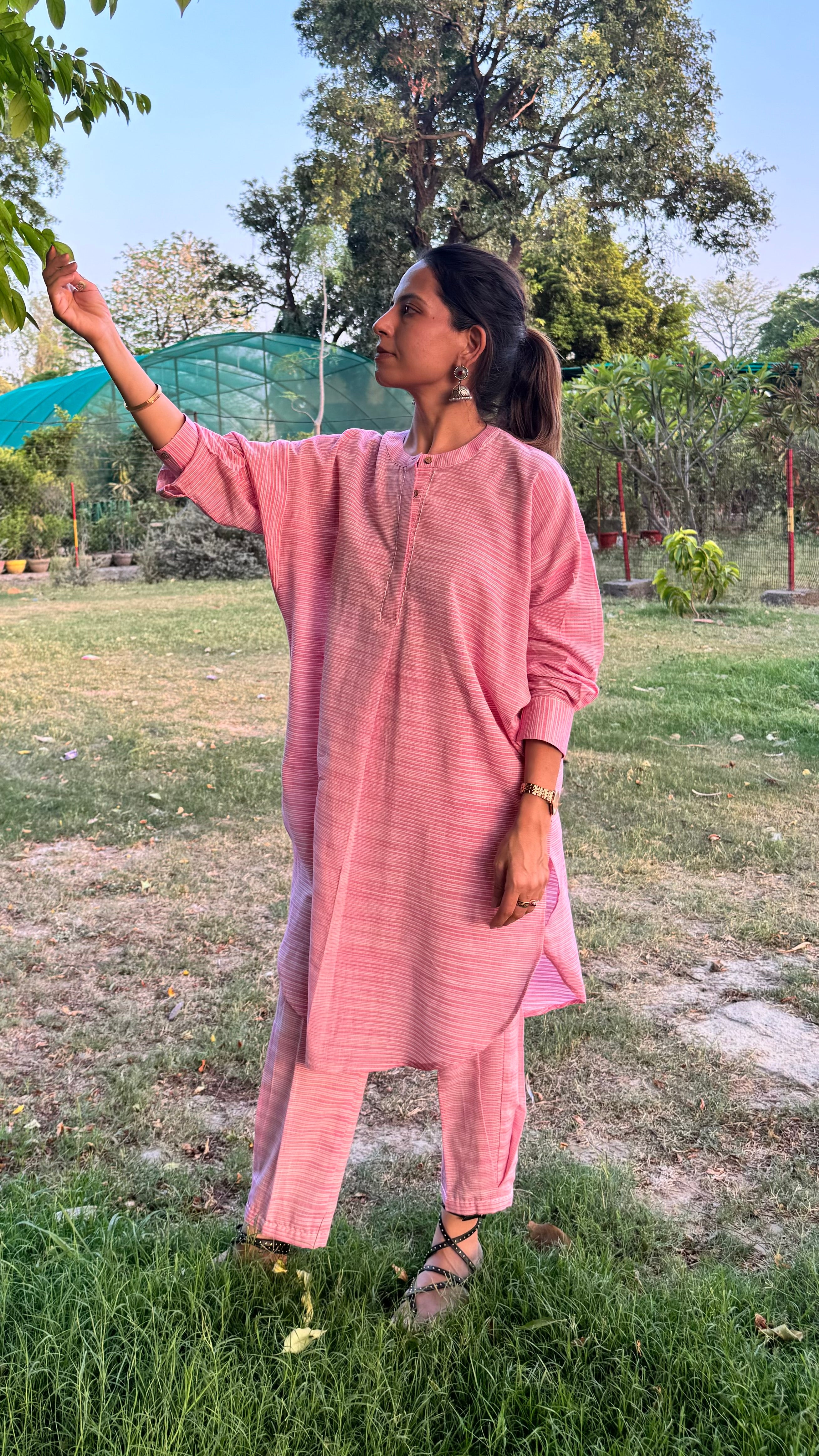 Pink Khadi Oversized Shirt Style Co-ord Set