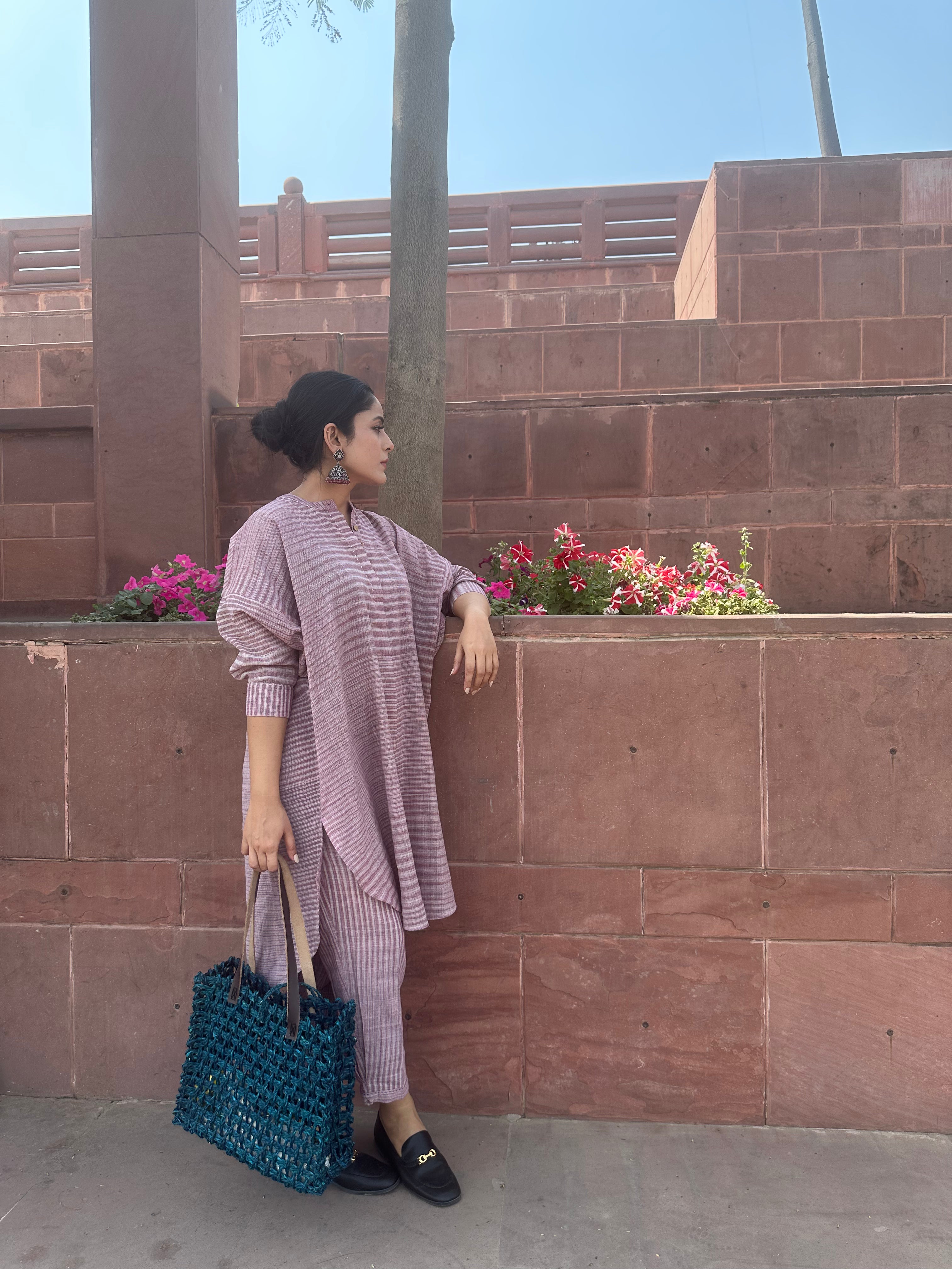 Purple Khadi Oversized Shirt Style Co-ord Set