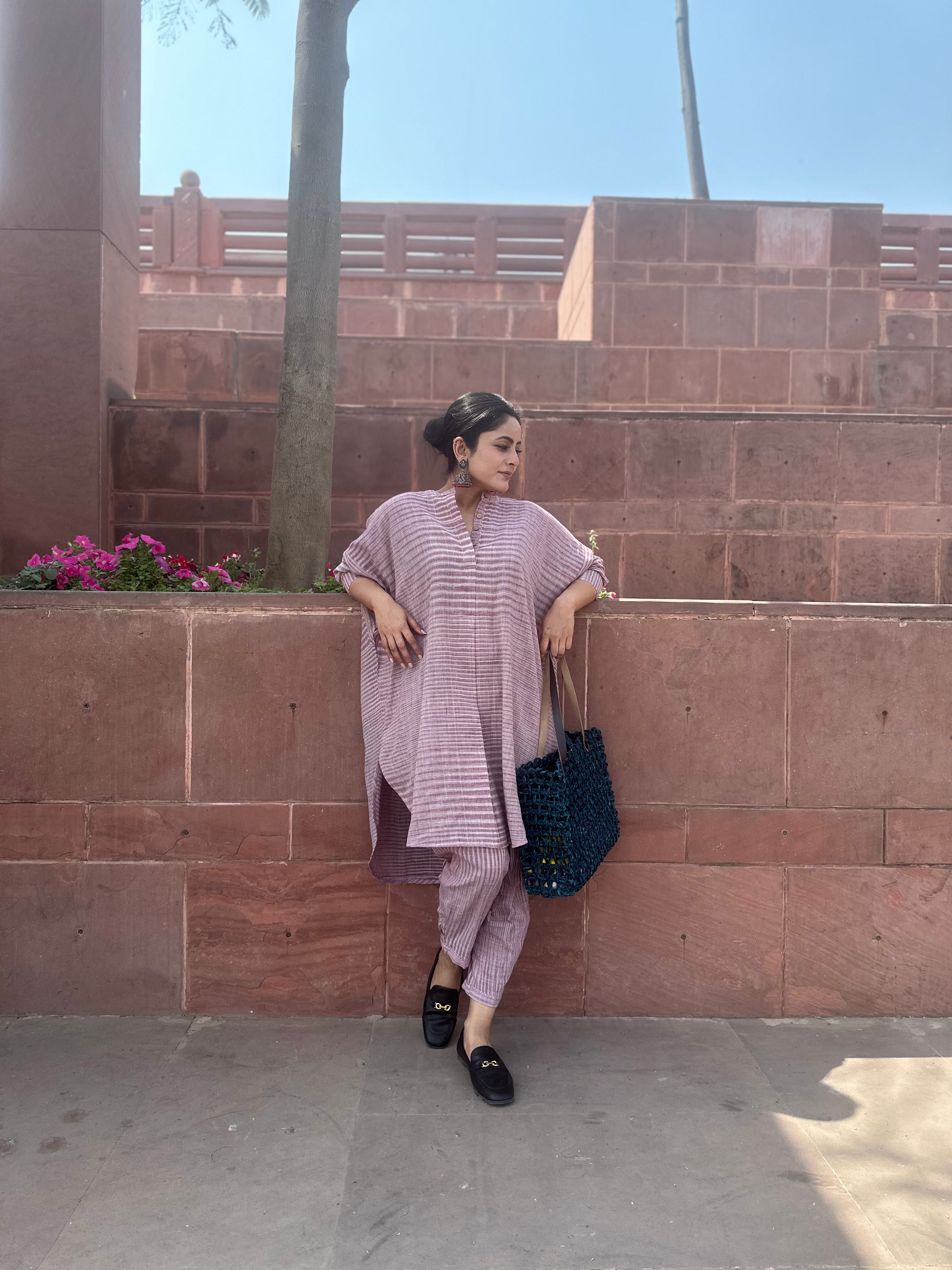 Purple Khadi Oversized Shirt Style Co-ord Set