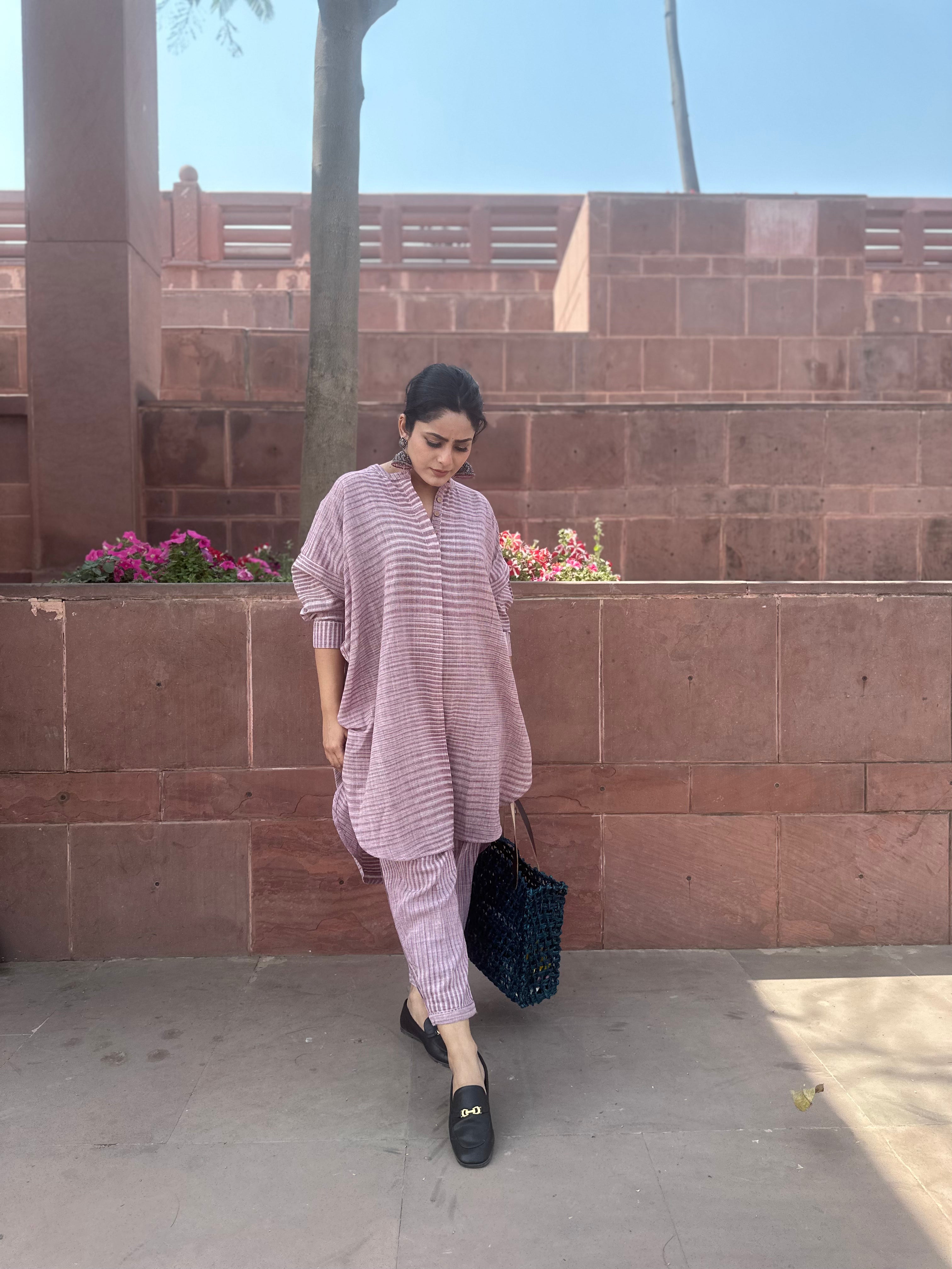Purple Khadi Oversized Shirt Style Co-ord Set