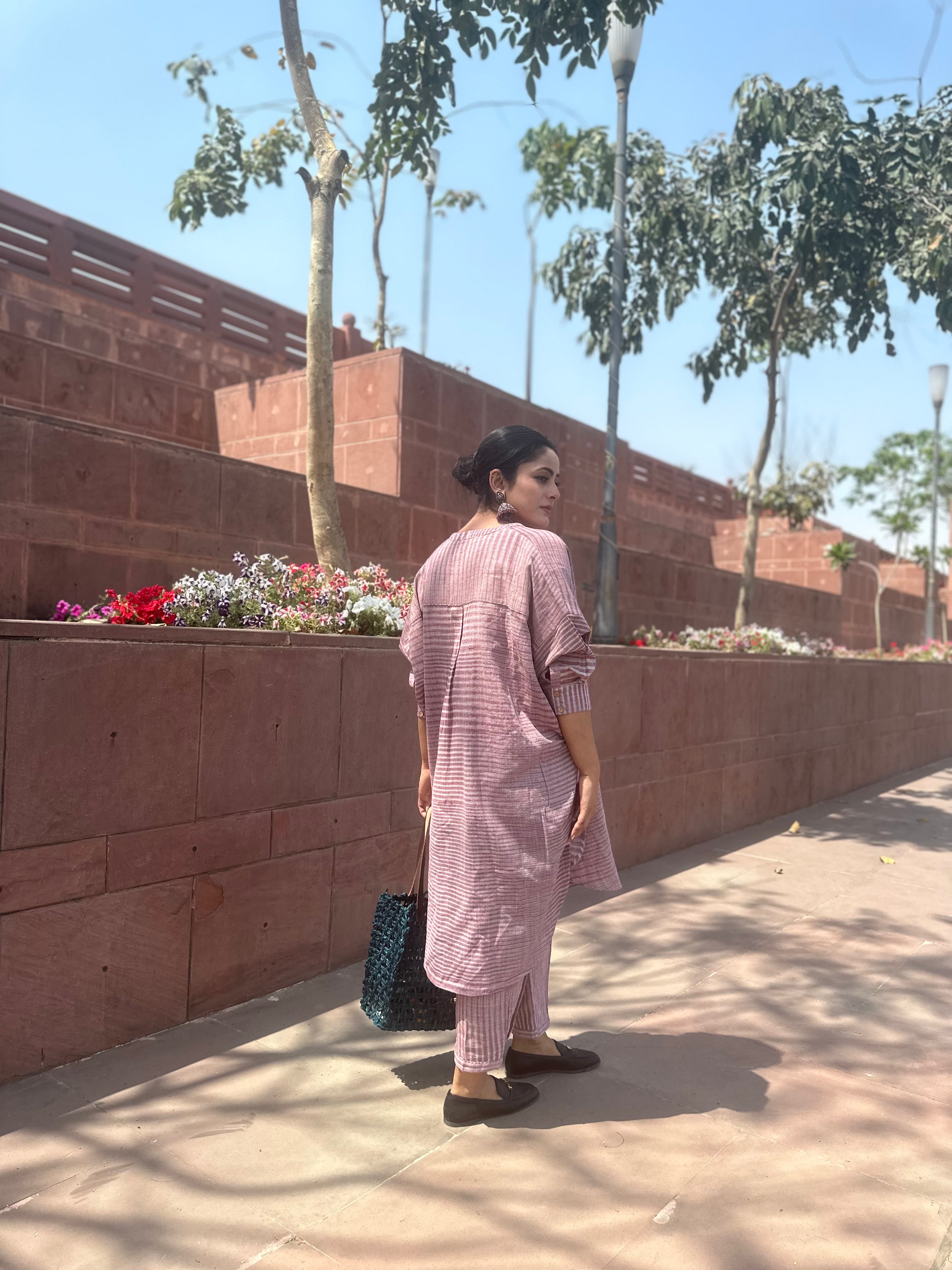Purple Khadi Oversized Shirt Style Co-ord Set