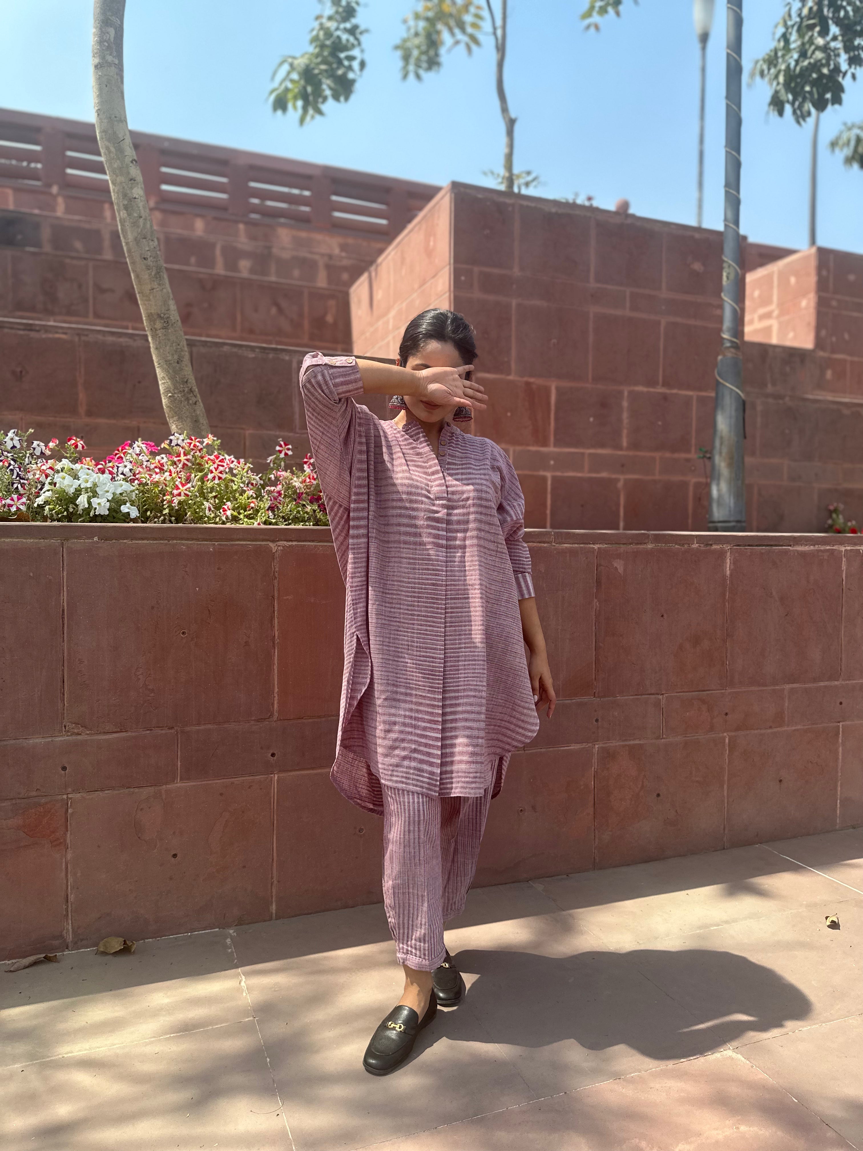 Purple Khadi Oversized Shirt Style Co-ord Set
