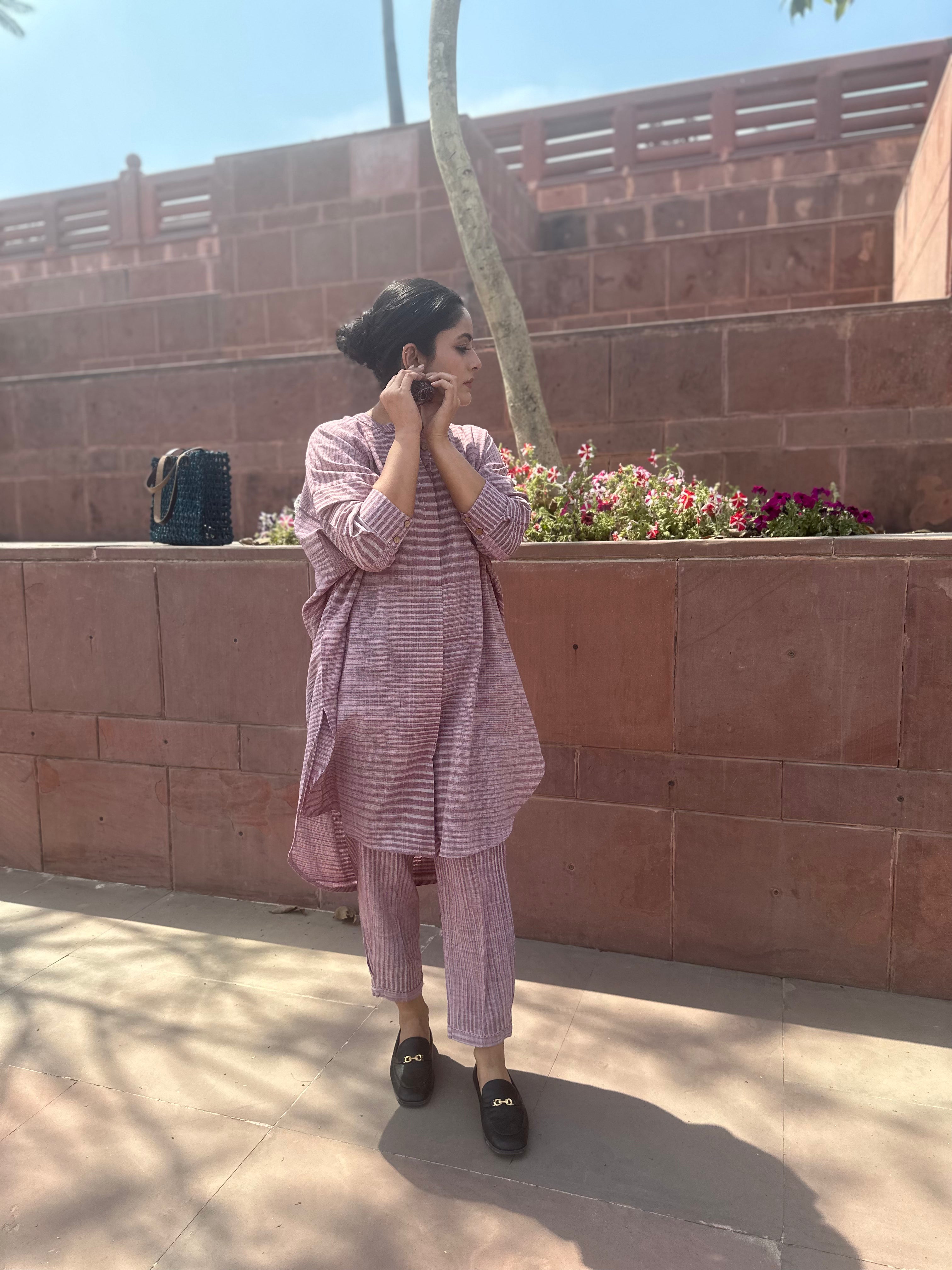 Purple Khadi Oversized Shirt Style Co-ord Set