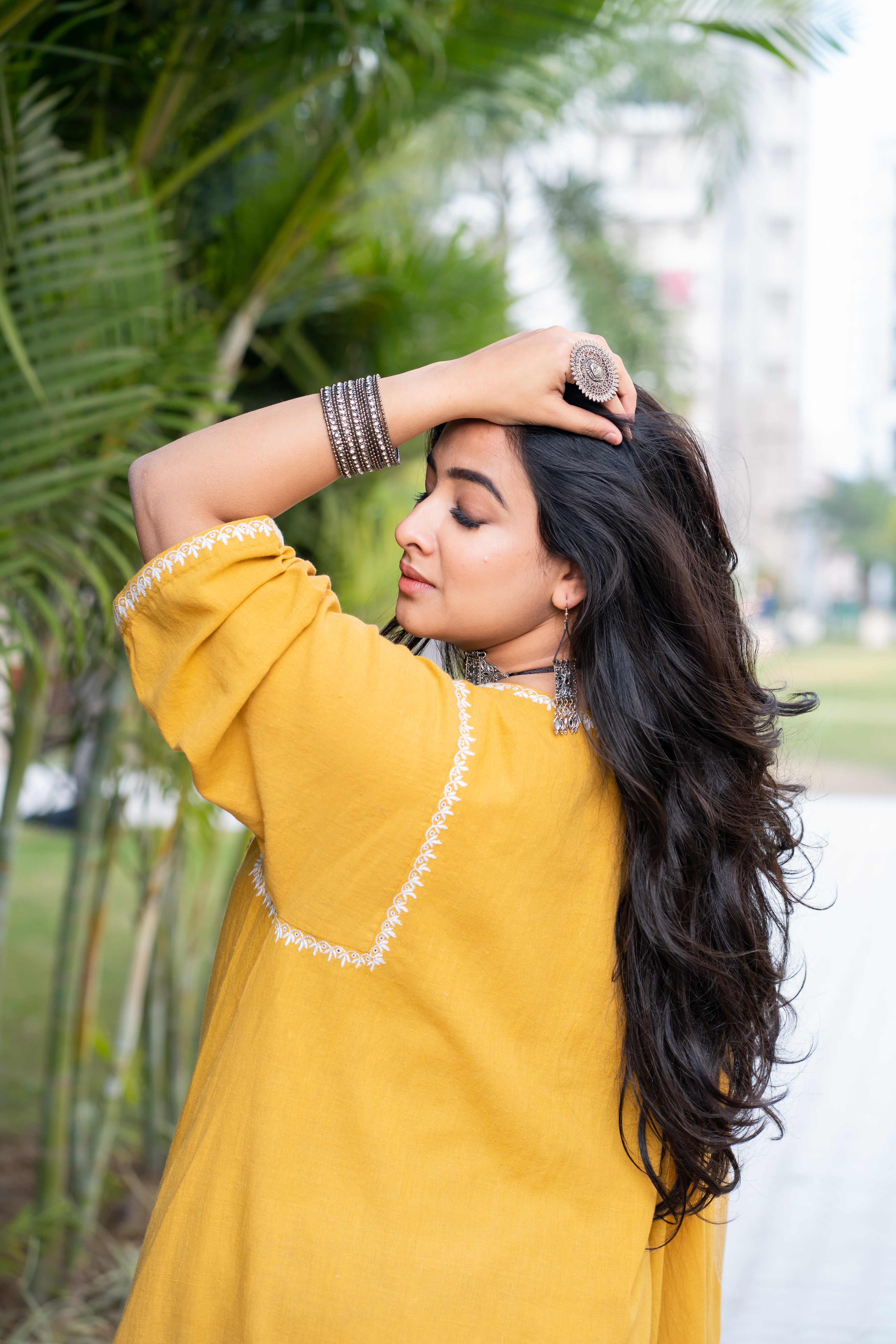 Mustard Boxy-Fit Chikankari Cotton Kurta
