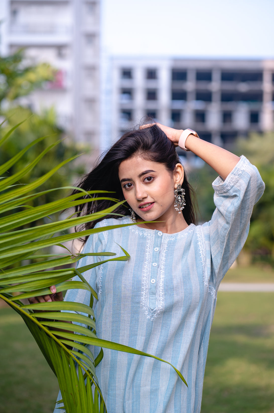 Boxy-Fit Blue Stripes Kala Cotton Chikankari Kurta