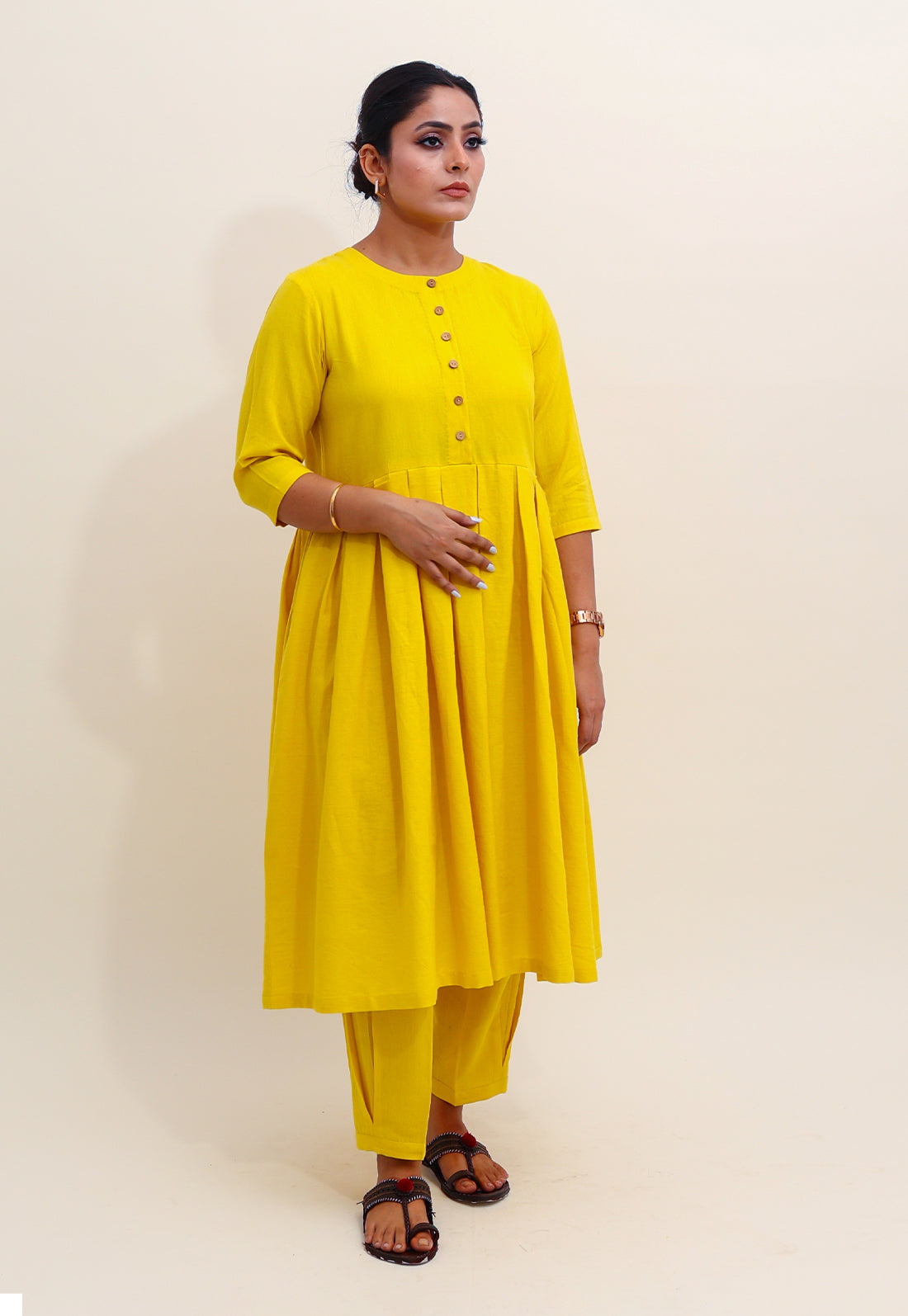 Solid Yellow Box-Pleated Co-ord Set