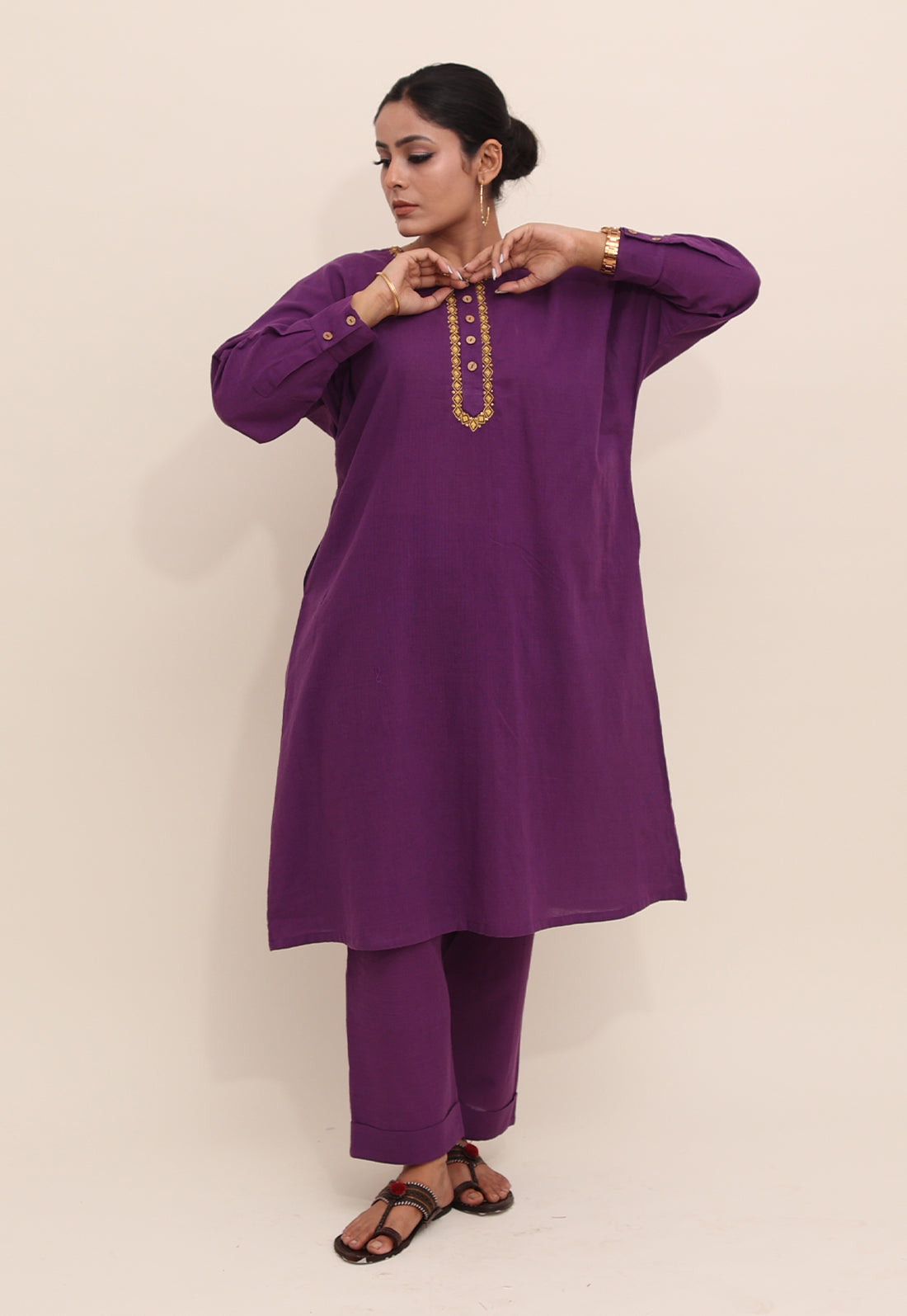 Solid Purple Embroidered Choga Kurta