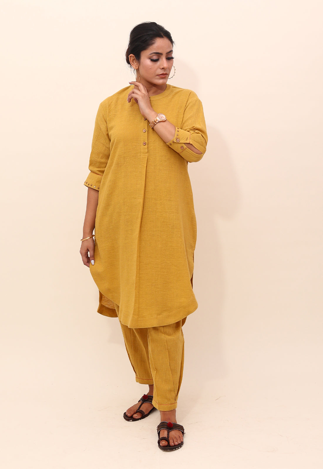 Solid Mustard Drop-Shoulder Embroidered Co-ord Set