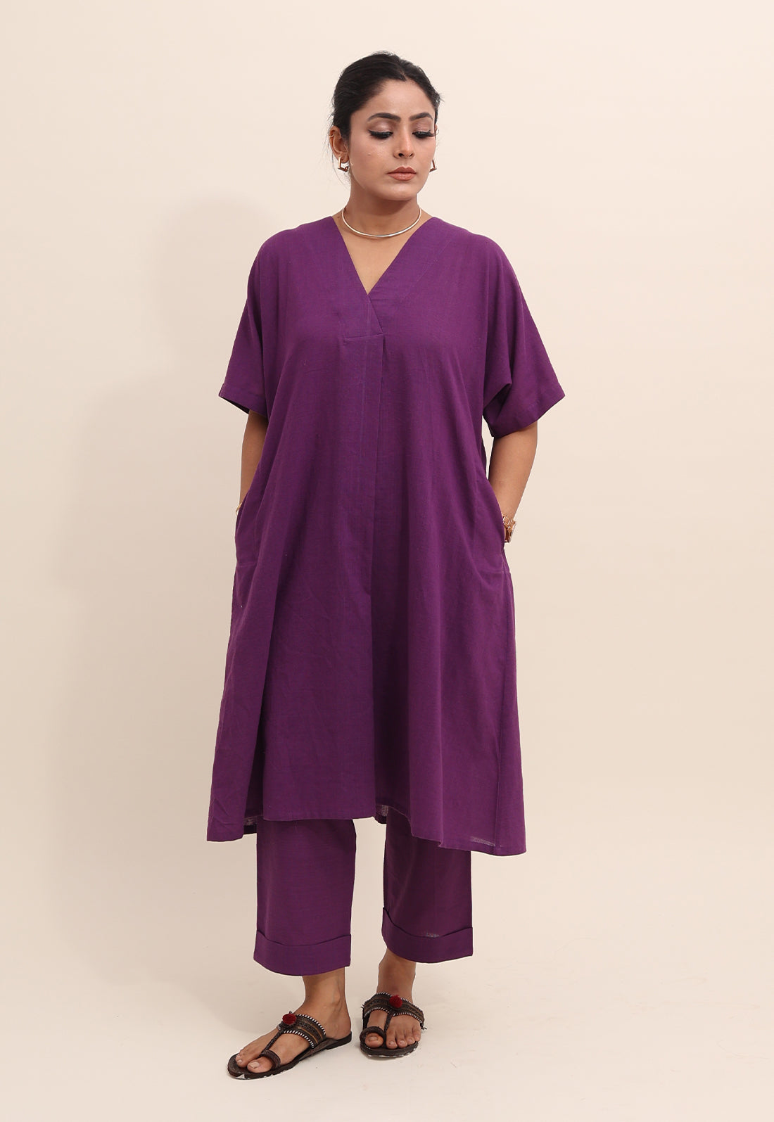 Solid Purple V-Neck Kurta