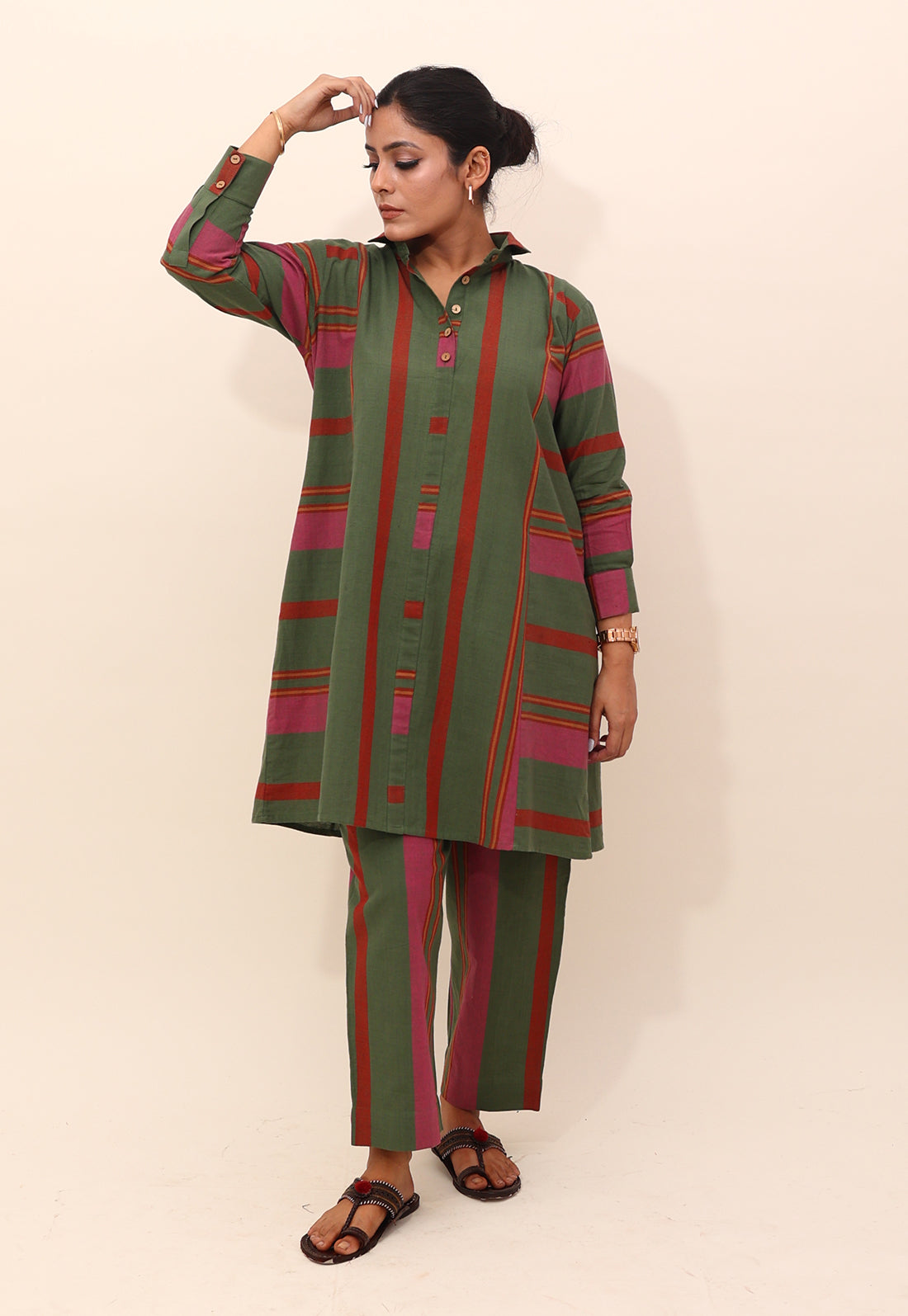 Green Multi-Coloured Striped Kurta