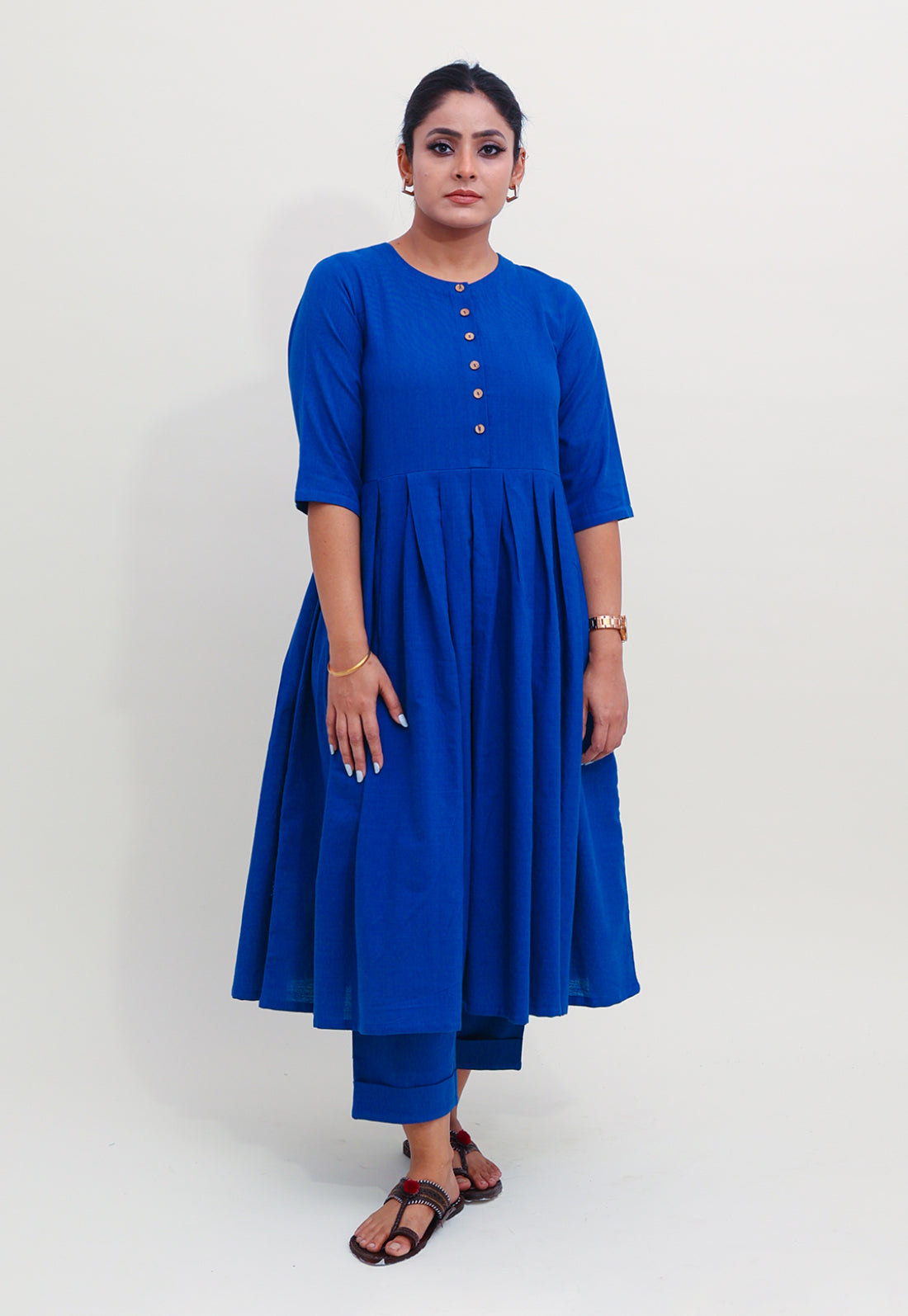 Solid Blue Box Pleated Kurta