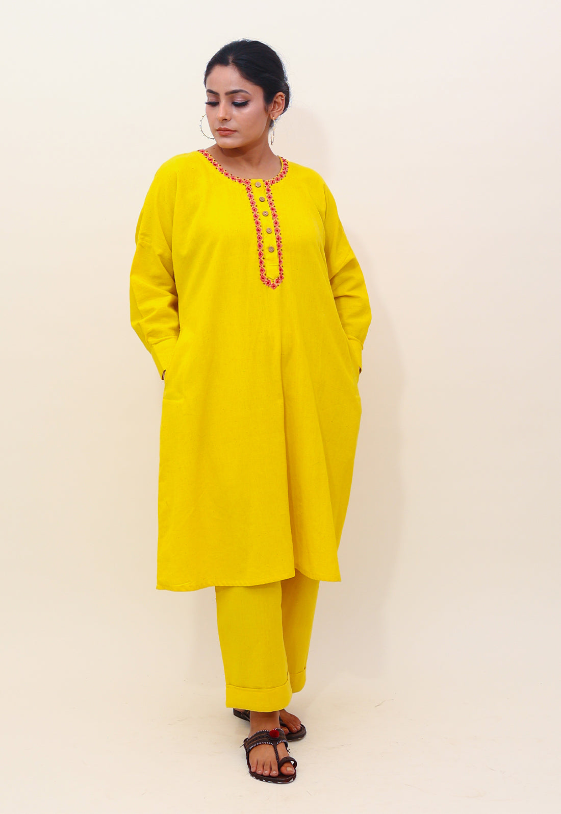 Solid Yellow Embroidered Choga Co-ord Set