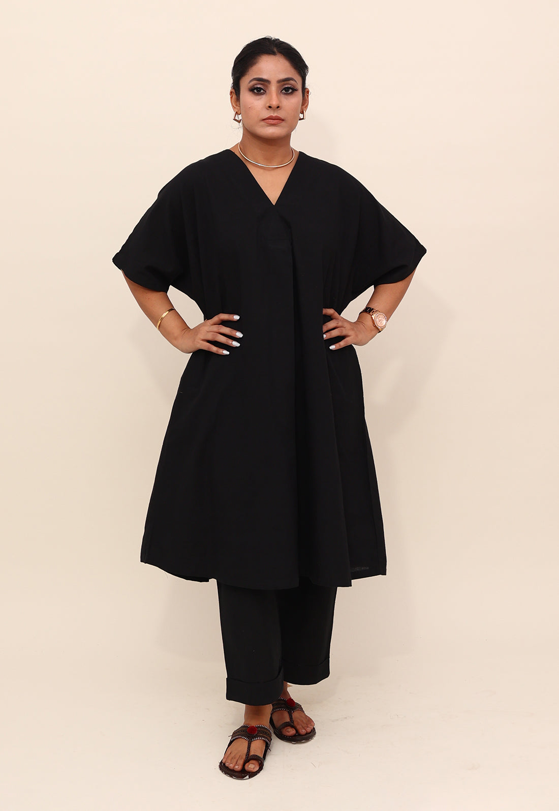 Solid Black Drop-Shoulder Kurta