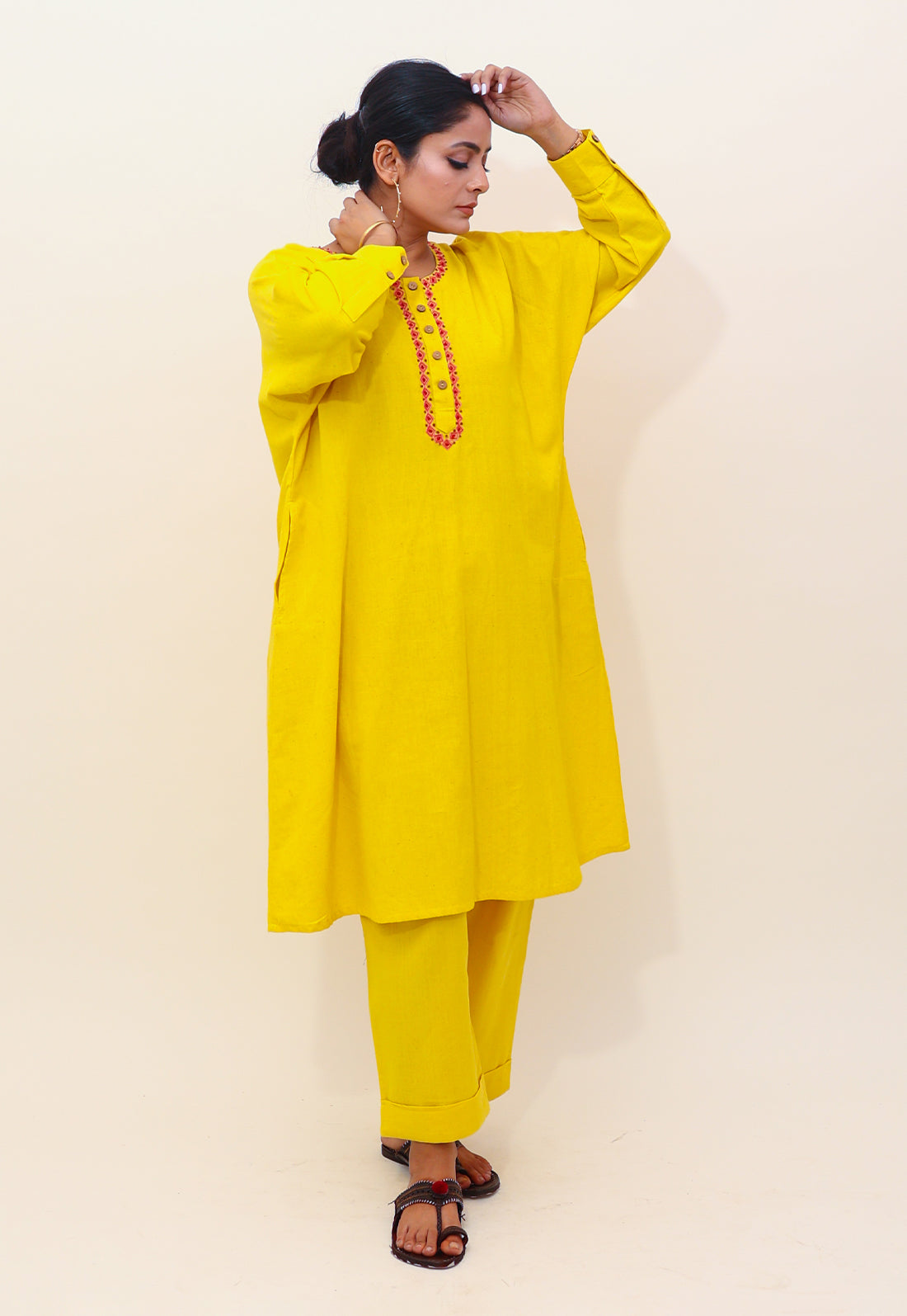 Solid Yellow Embroidered Choga Co-ord Set