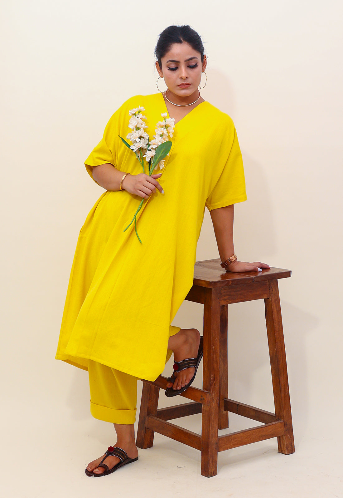 Solid Yellow V-Neck Kurta