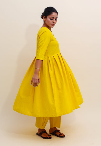 Solid Yellow Box-Pleated Co-ord Set