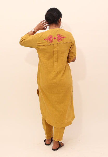 Solid Mustard Drop-Shoulder Embroidered Co-ord Set