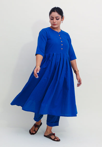 Solid Blue Box Pleated Co-ord Set