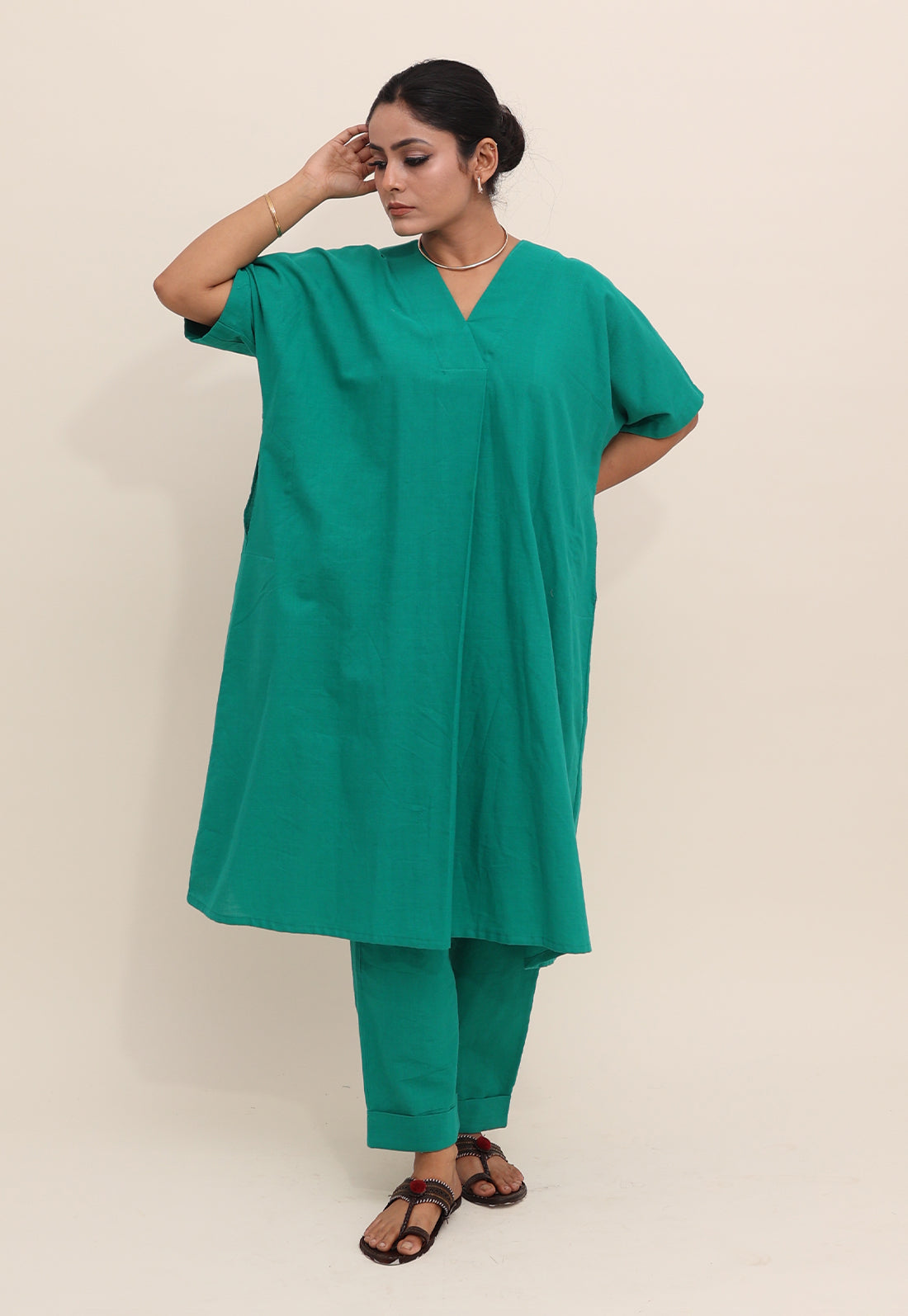 Solid Green V-Neck Co-ord Set